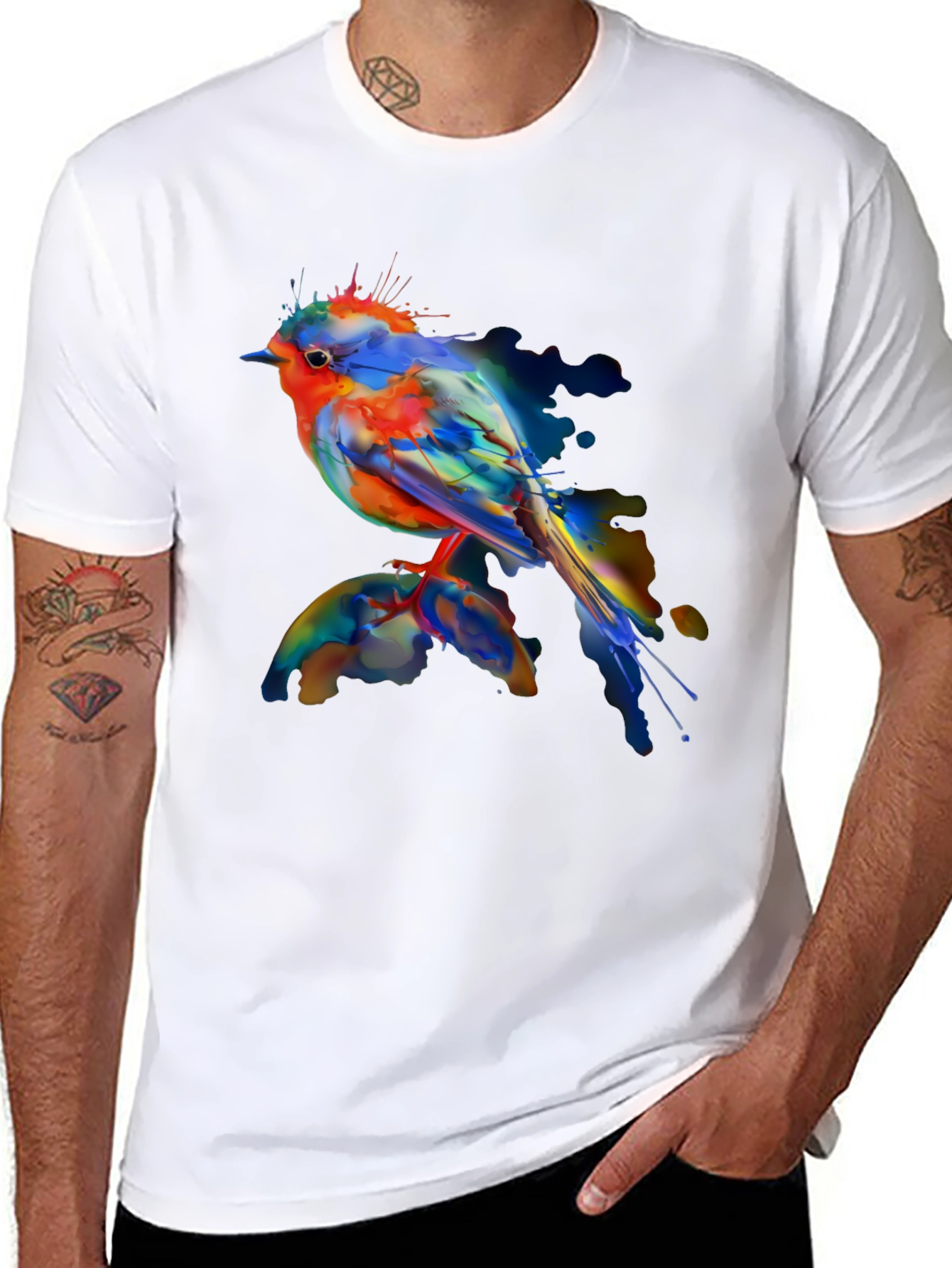 Black Watercolor Bird Print Black T-Shirt view 8