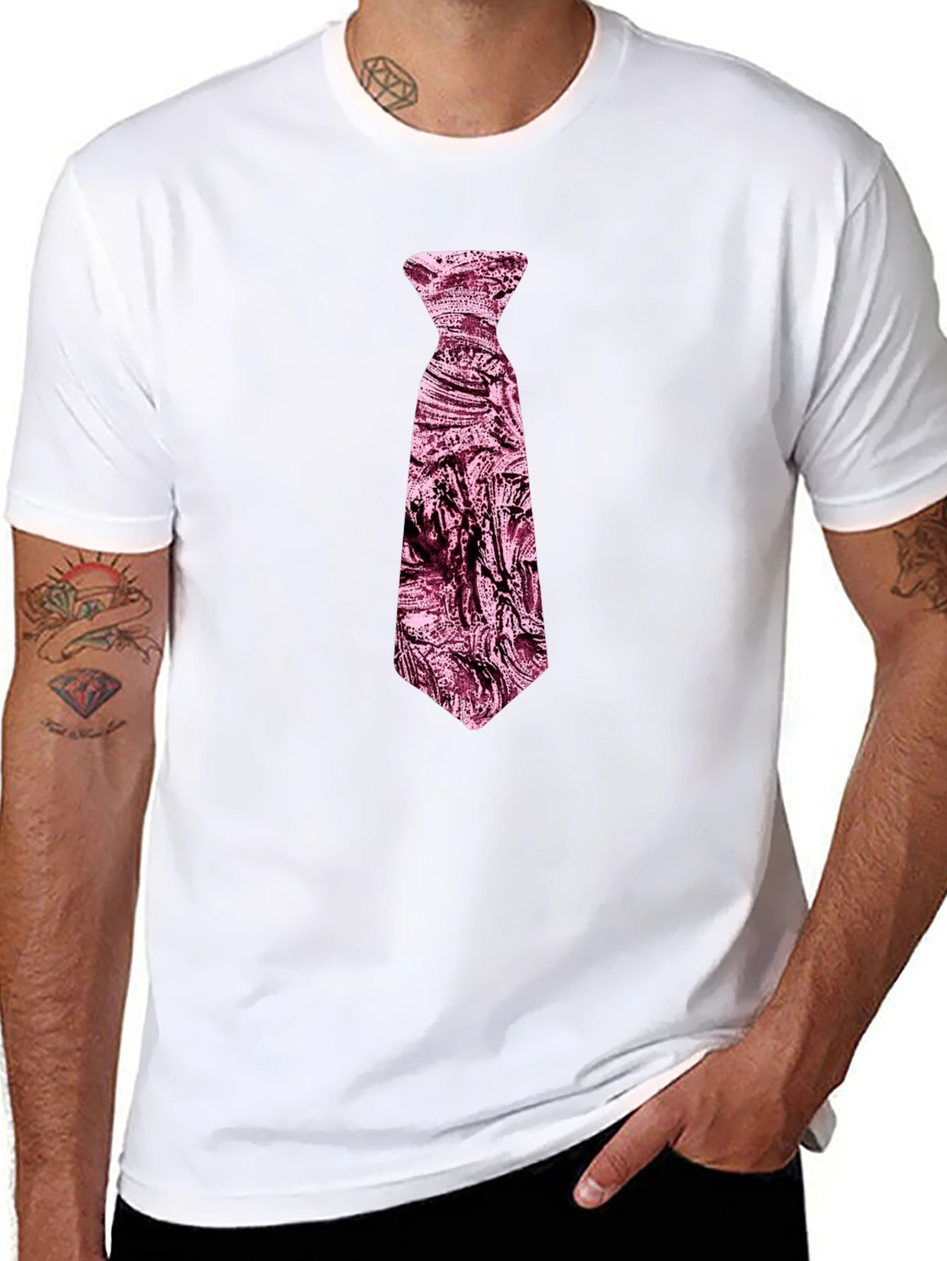 Black Men's Black T-Shirt with Novelty Pink Tie Design view 8