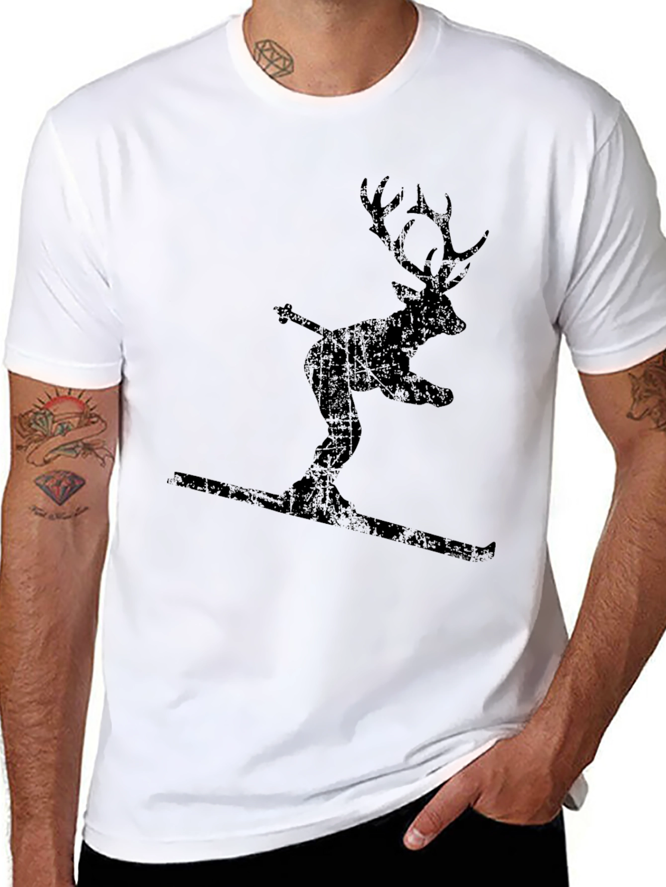 Black Skiing Deer Graphic Tee - Black Cotton Blend view 8