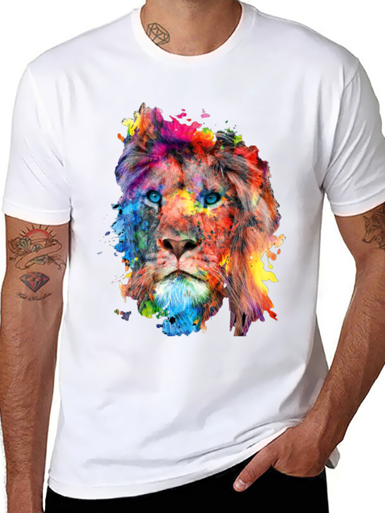 Black Colorful Lion Graphic Print Men's Black T-Shirt view 8