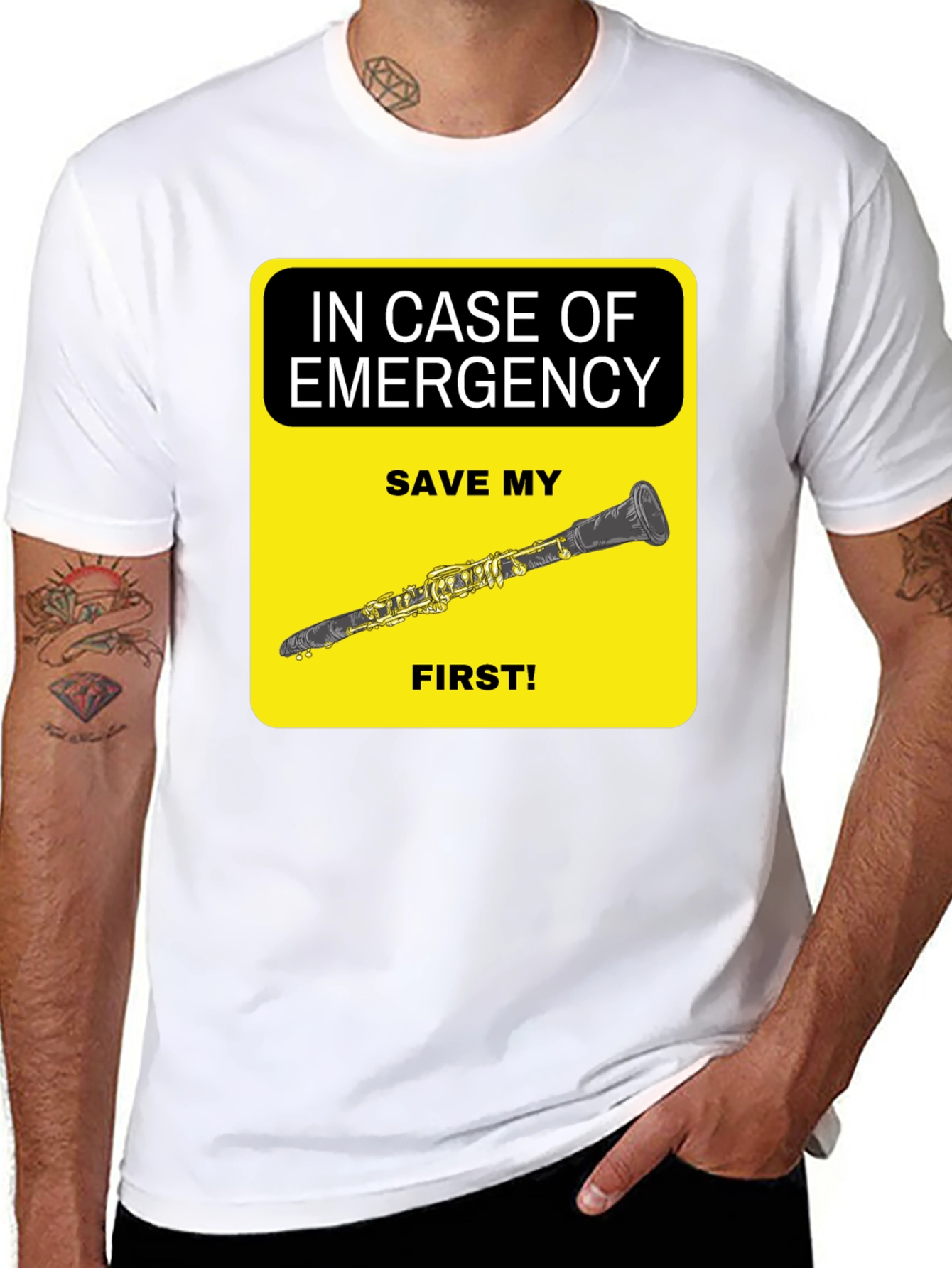 Black Emergency Clarinet T-Shirt - Save My Clarinet First! view 8