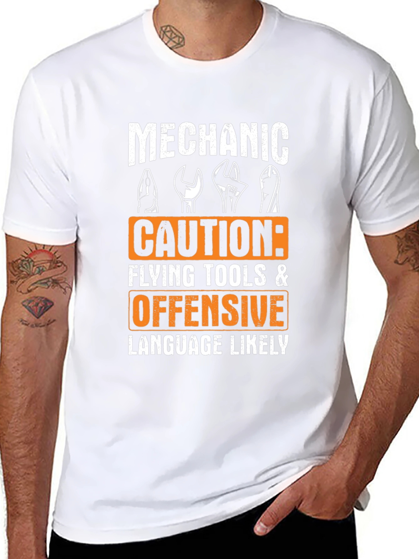 Black Mechanic Caution Offensive Language T-Shirt view 8