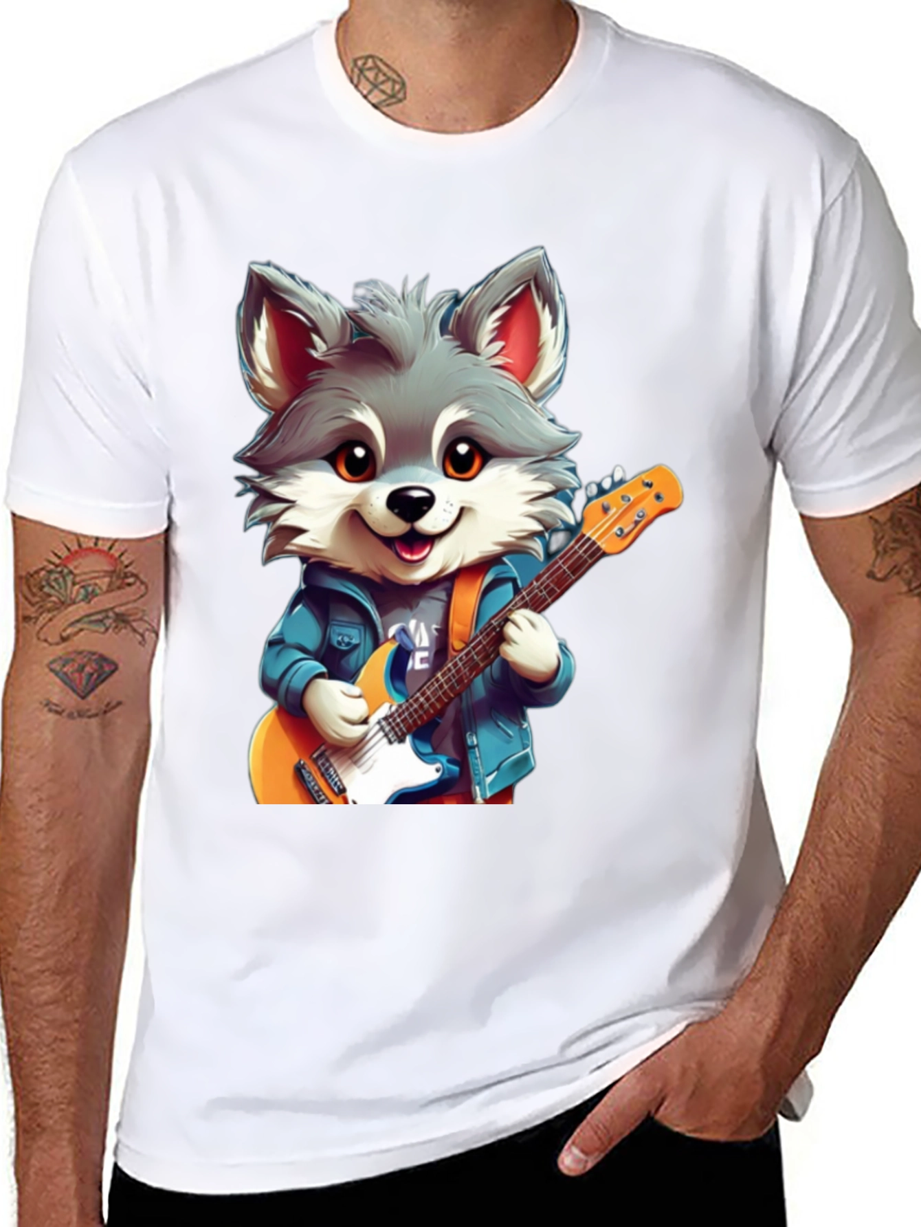 Black Cute Cartoon Wolf Guitarist Graphic Tee view 8