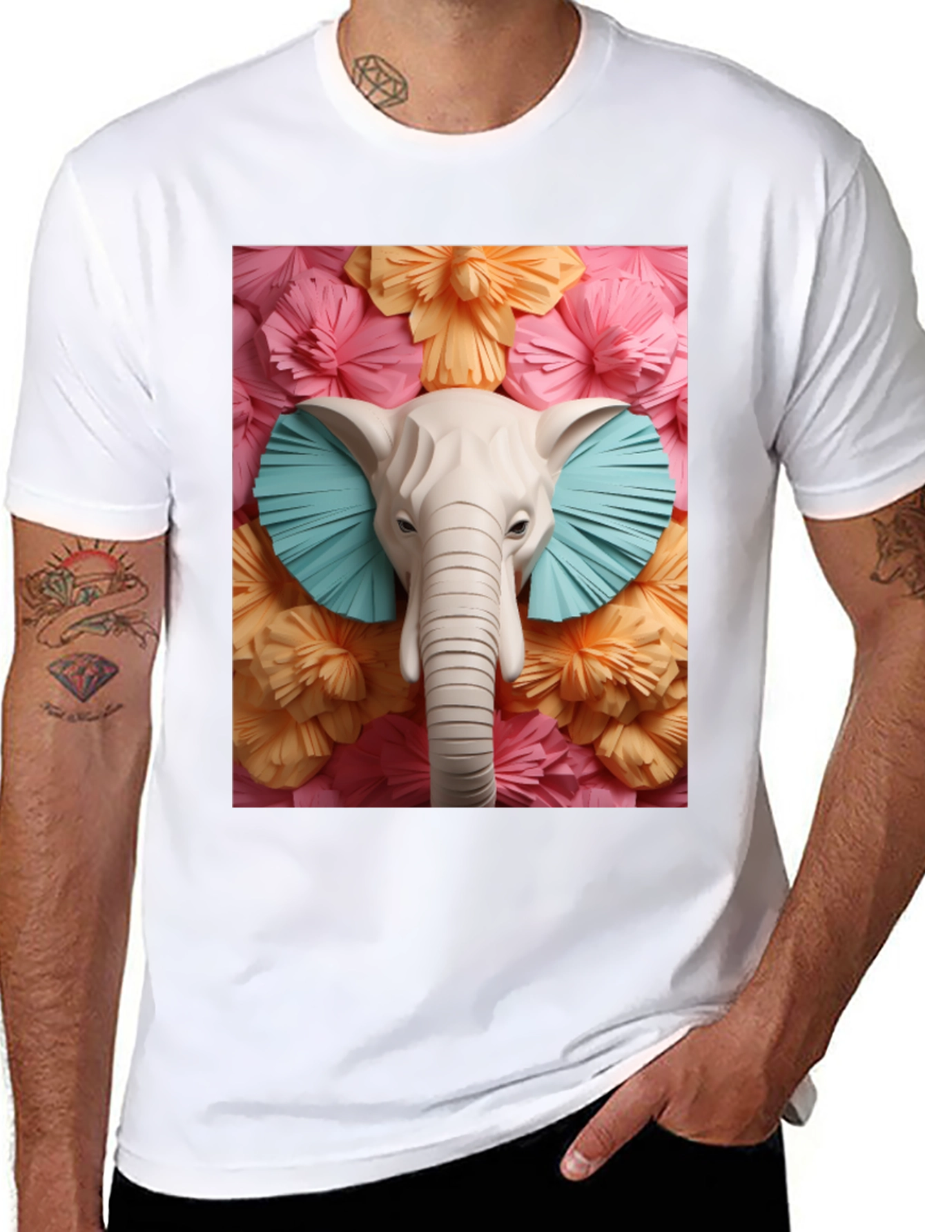 Black Elephant Floral Tee - Unique Graphic Print T-Shirt view 8