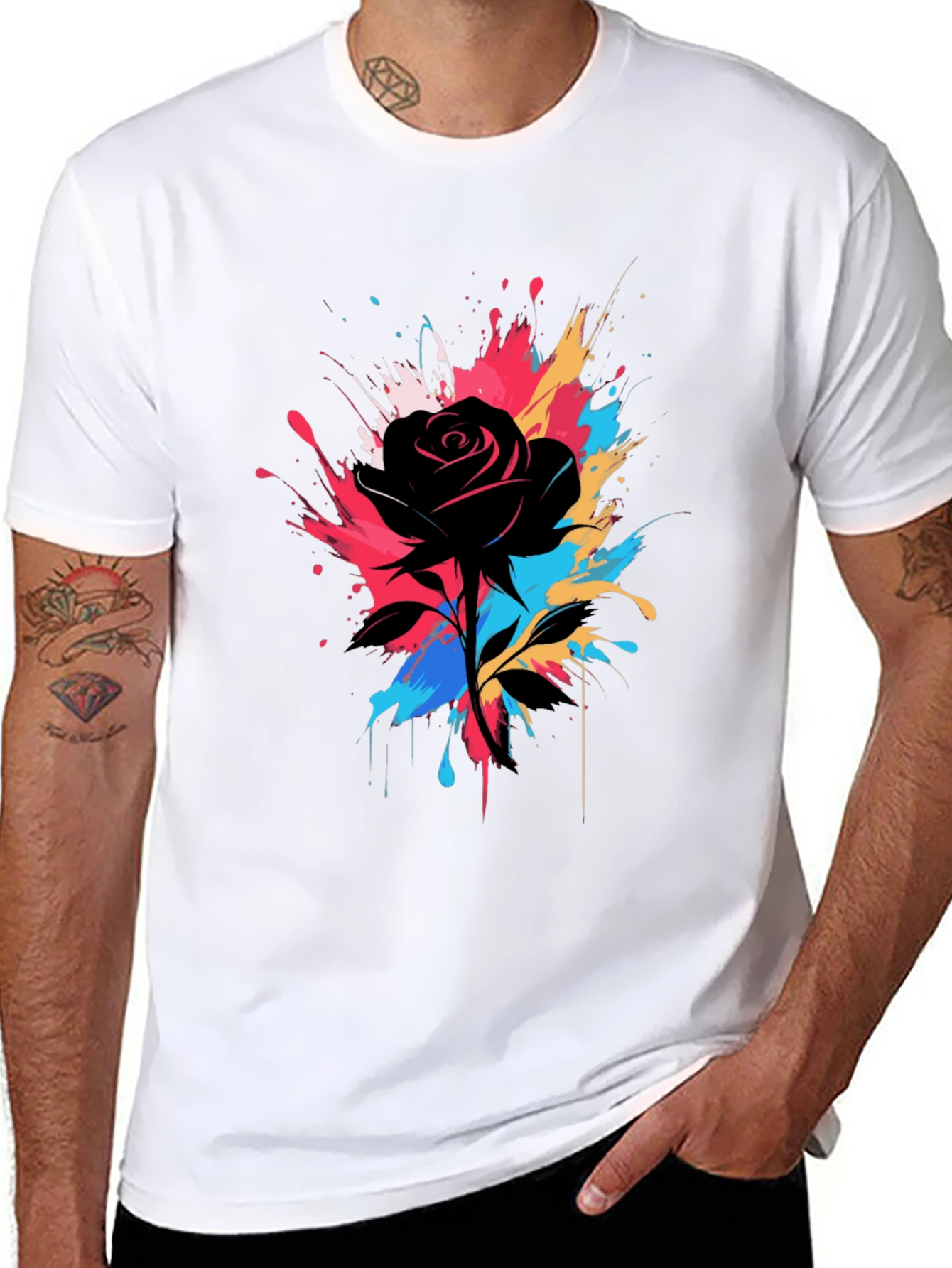 Black Black Rose Splash T-Shirt - Unique Artistic Design view 8