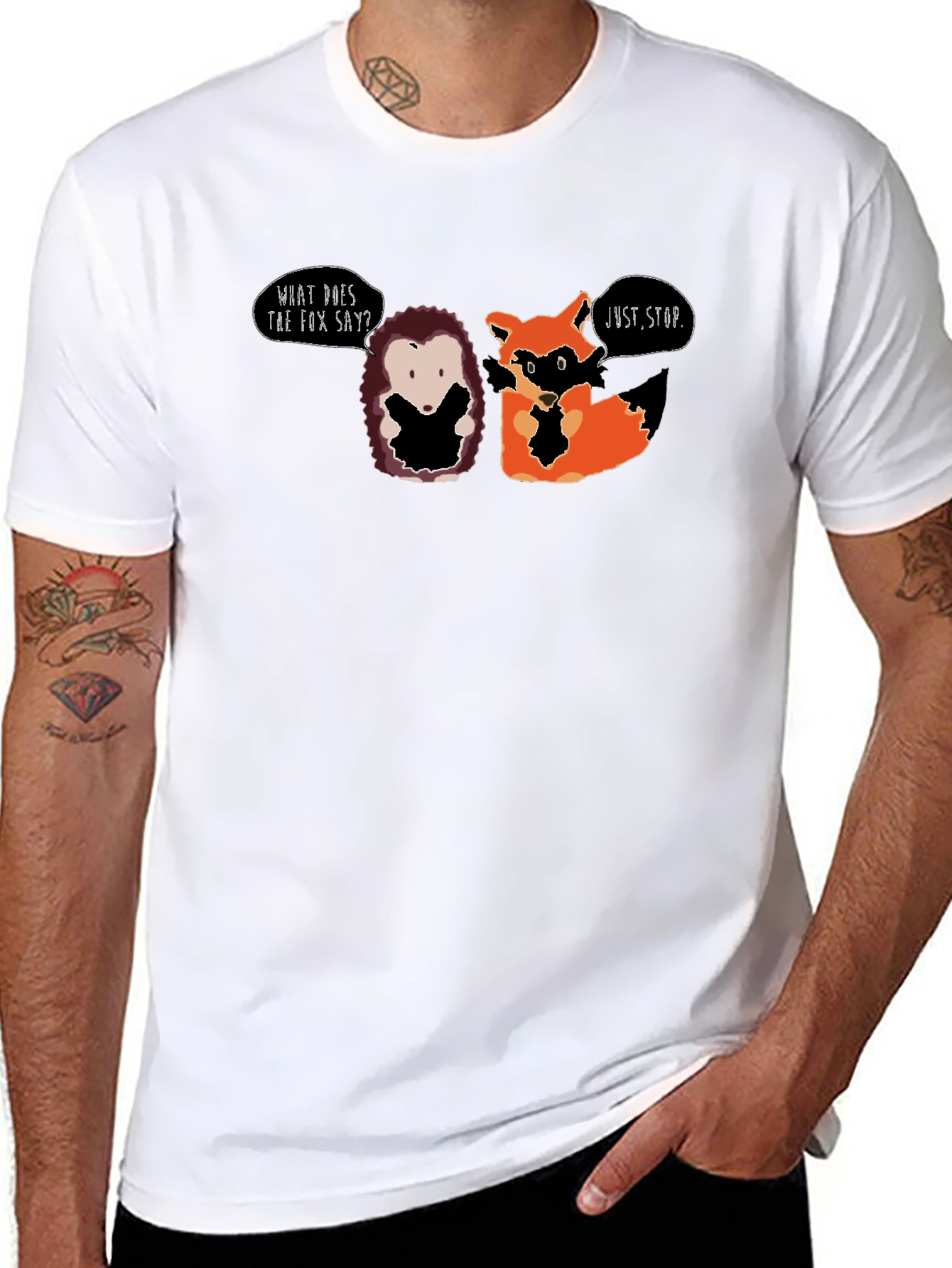 Black Funny Hedgehog & Fox T-Shirt - What Does the Fox Say? view 8
