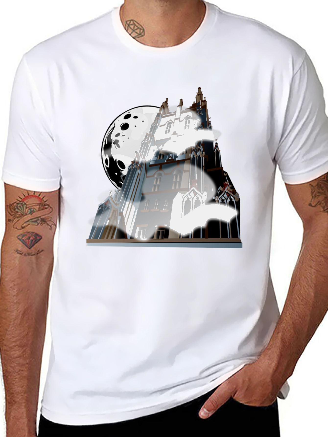 Black Spooky Castle Moon Graphic T-Shirt - Black view 8