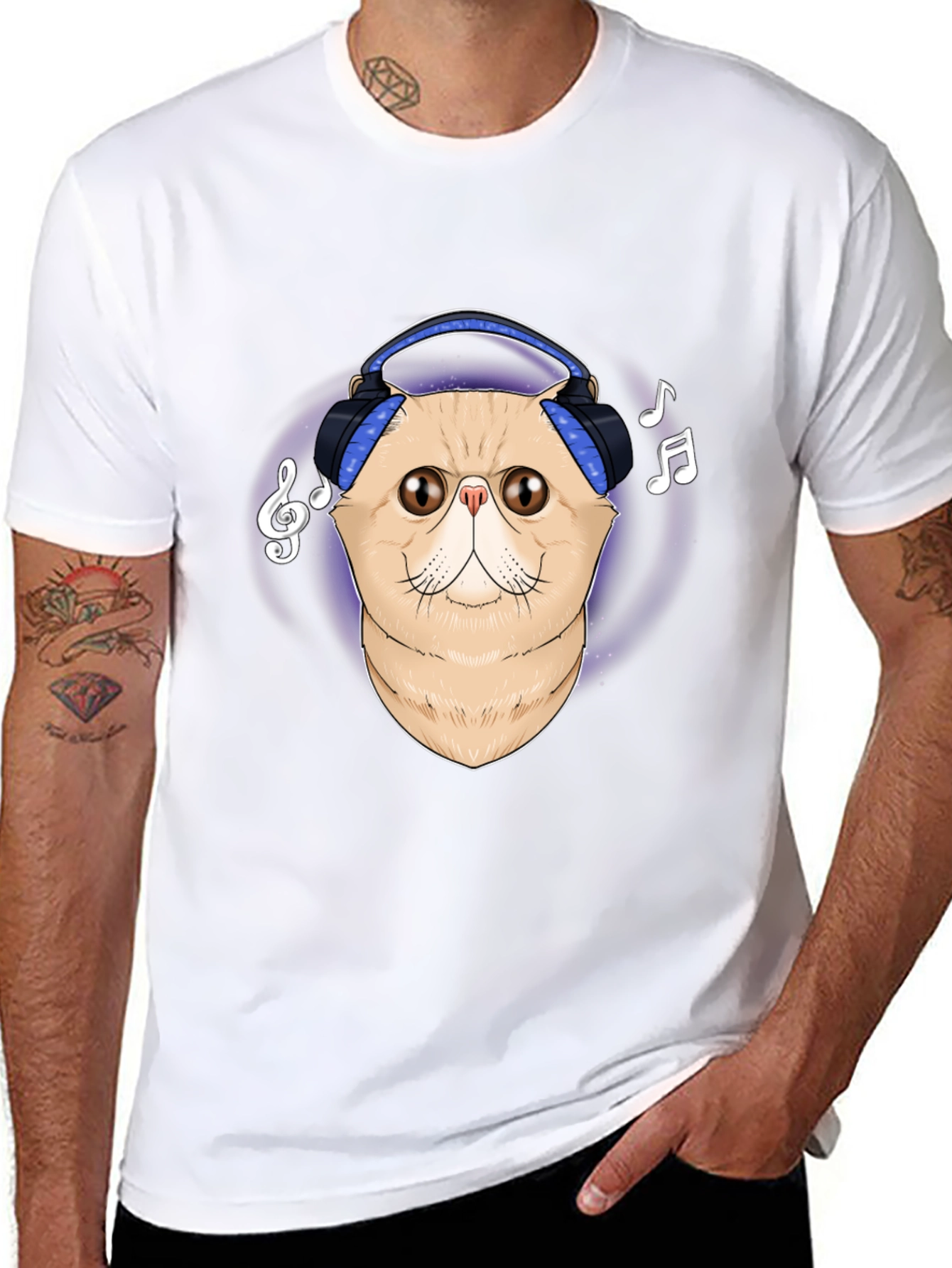 Black Cool Cat Headphones Graphic T-Shirt view 8