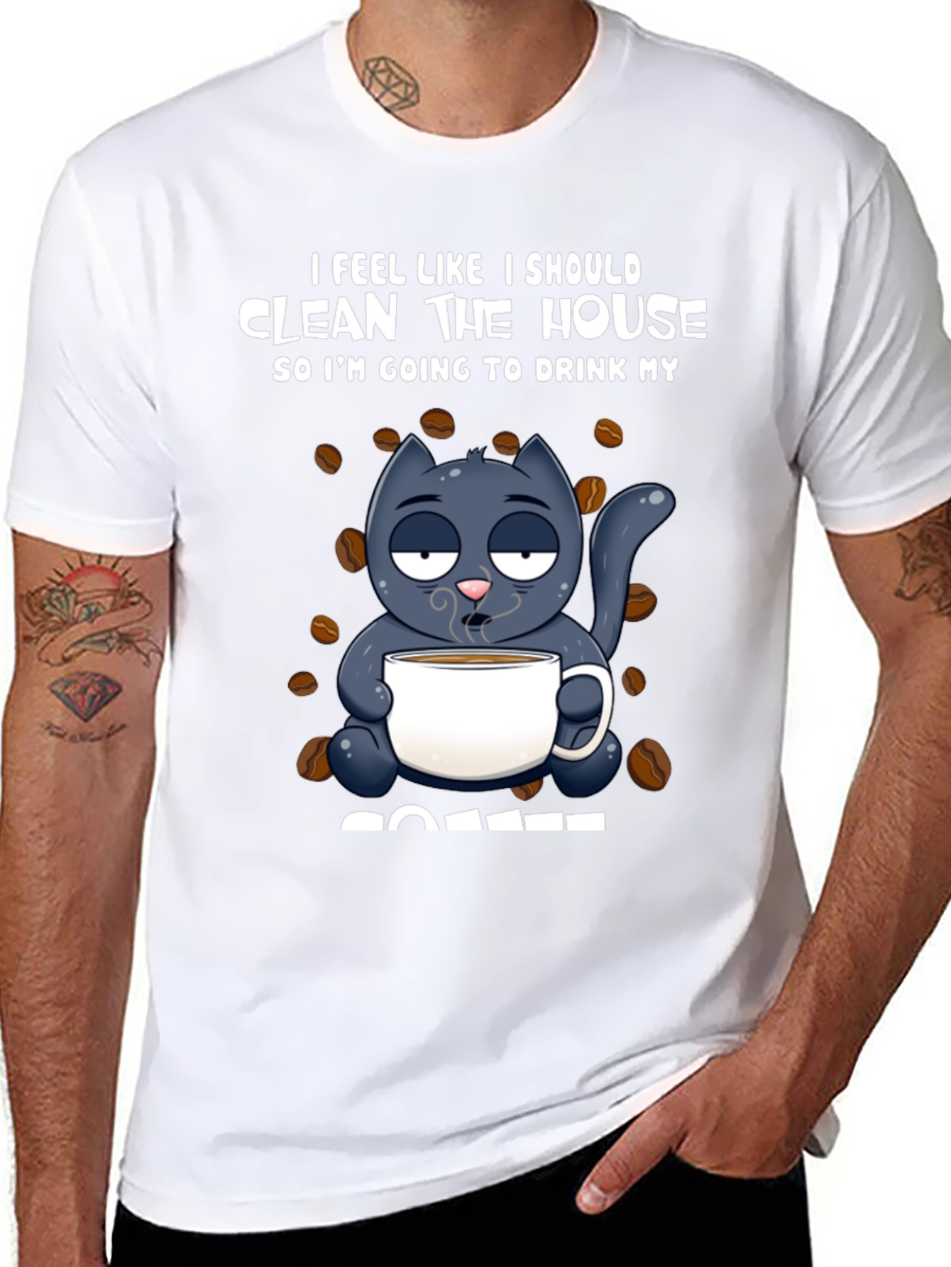 Black Humorous Cat & Coffee Graphic T-Shirt view 8