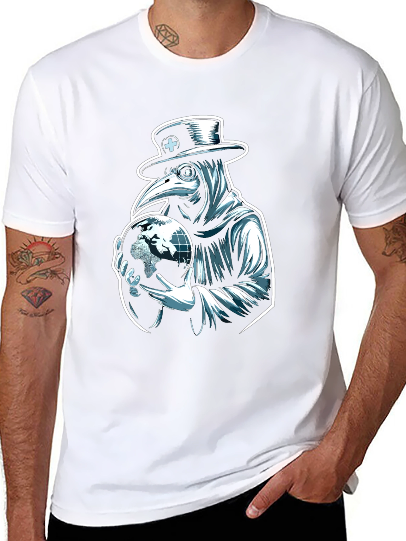 Black Plague Doctor Globe Graphic Tee - Unique Design view 8