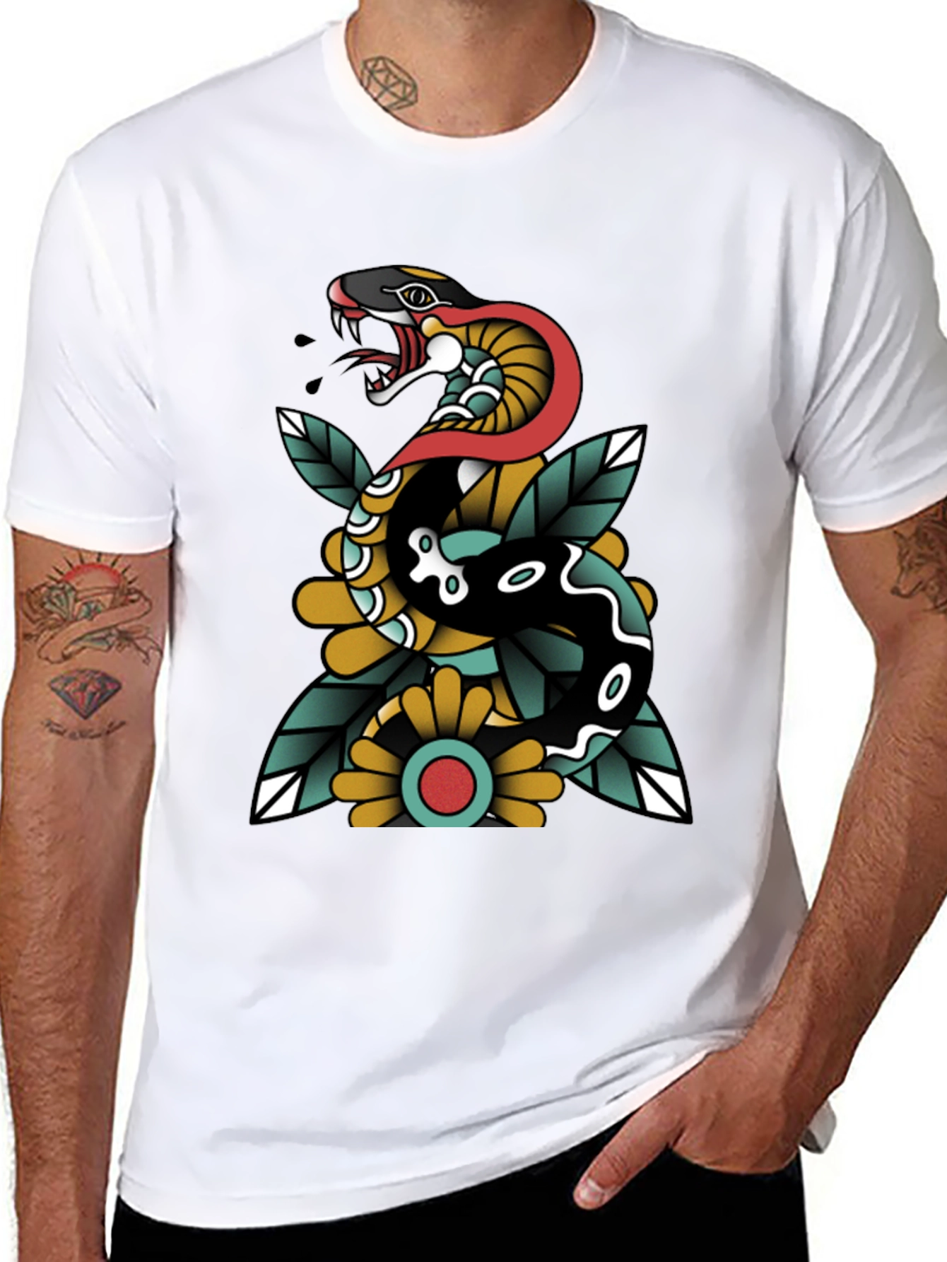 Black Snake & Flower Graphic Tee - Traditional Tattoo Style view 8