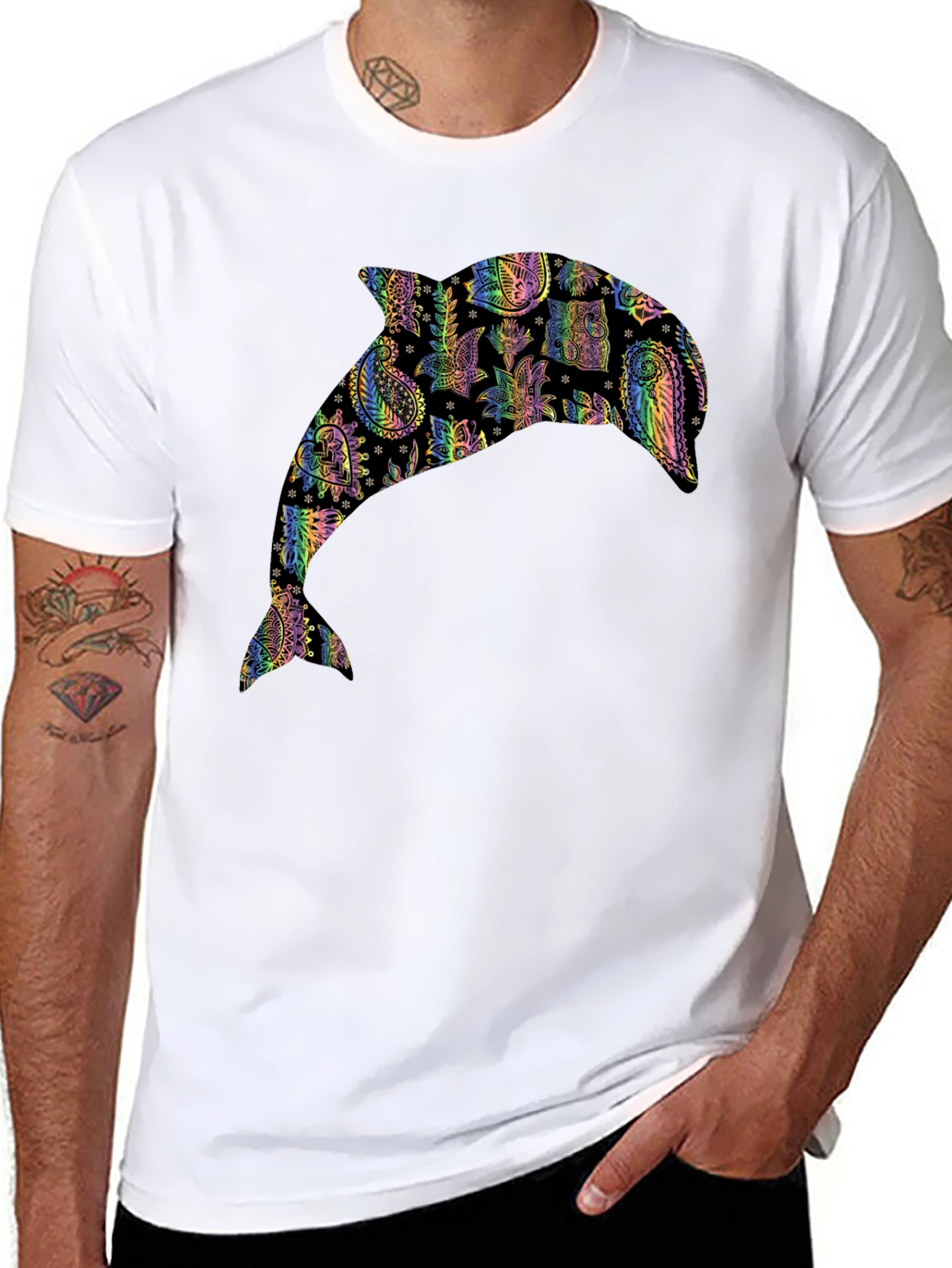 Black Dolphin Paisley Pattern Black T-Shirt view 8