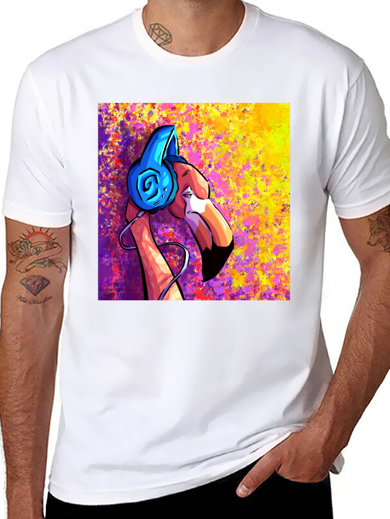 Black Cool Flamingo DJ Graphic T-Shirt view 8