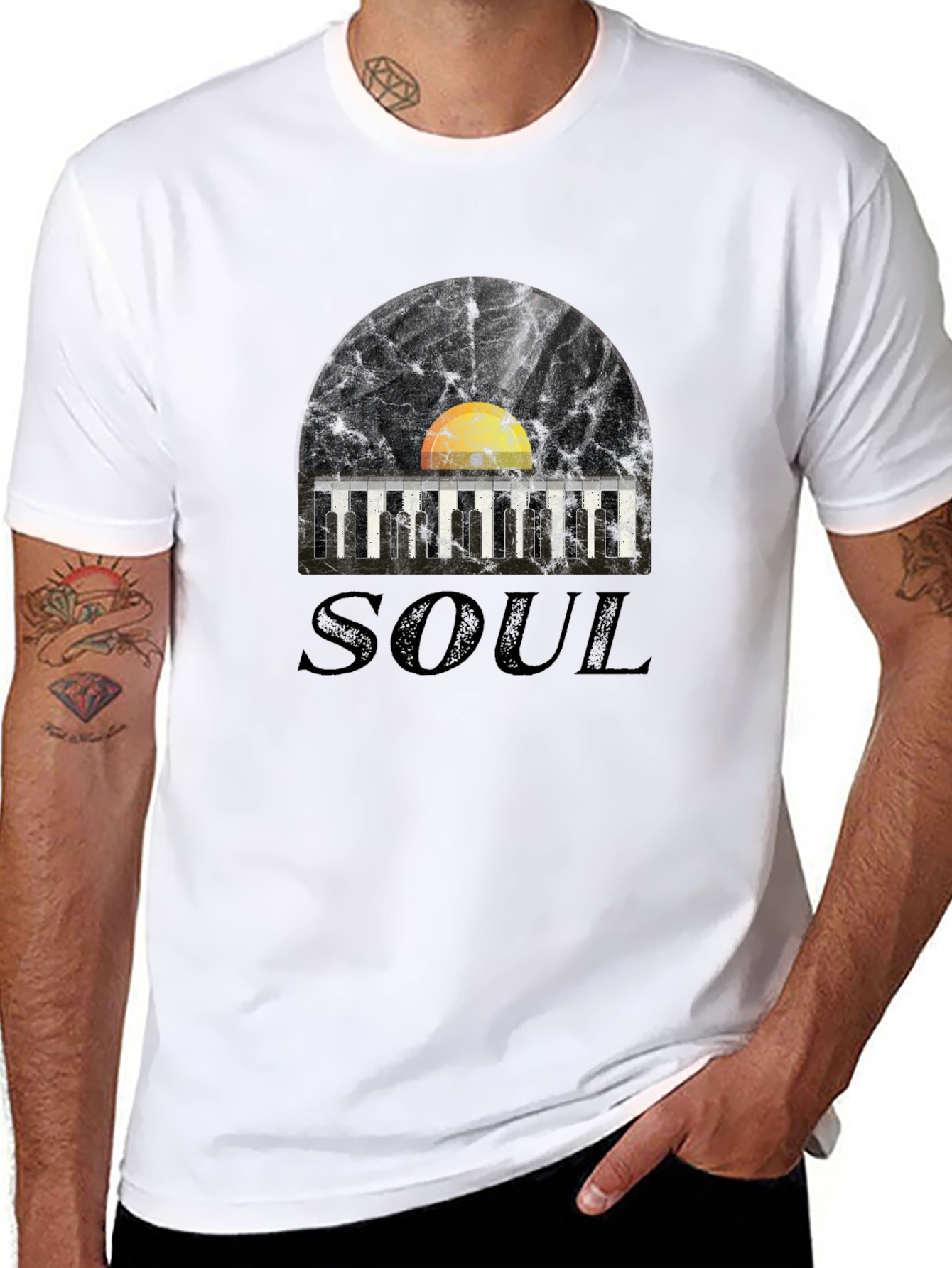 Black Soul Music Record & Piano Keys Graphic T-Shirt view 8