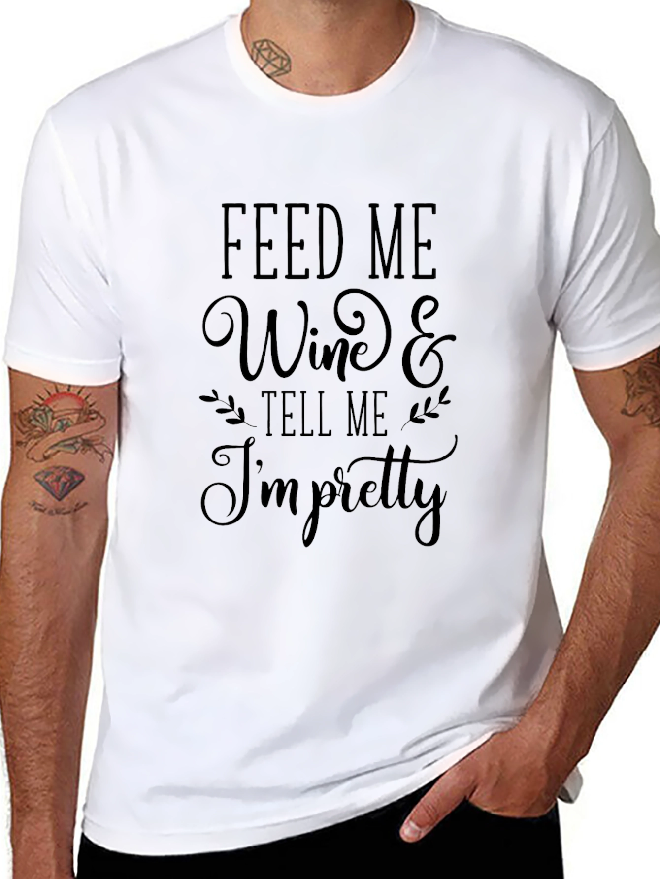 Black Wine Lover's T-Shirt: Feed Me Wine & Tell Me I'm Pretty - Black view 8