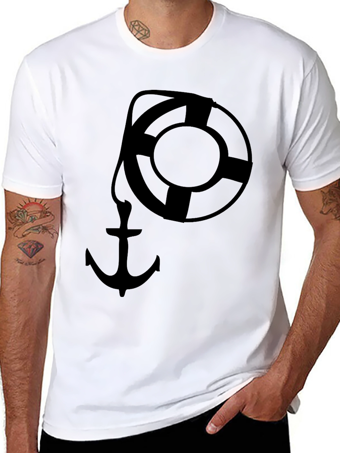 Nautical Anchor & Life Preserver Graphic Tee - Black - 8