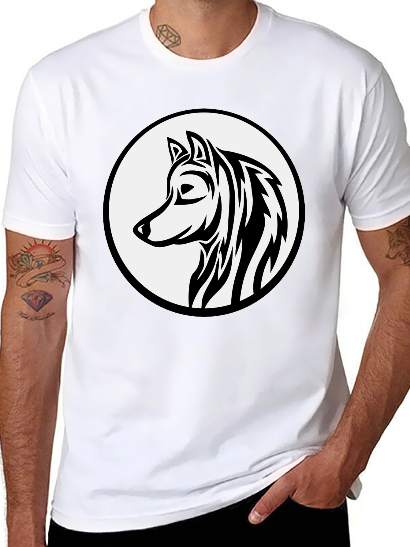 Black Black Wolf Graphic Tee - Tribal Style Circle Design view 8