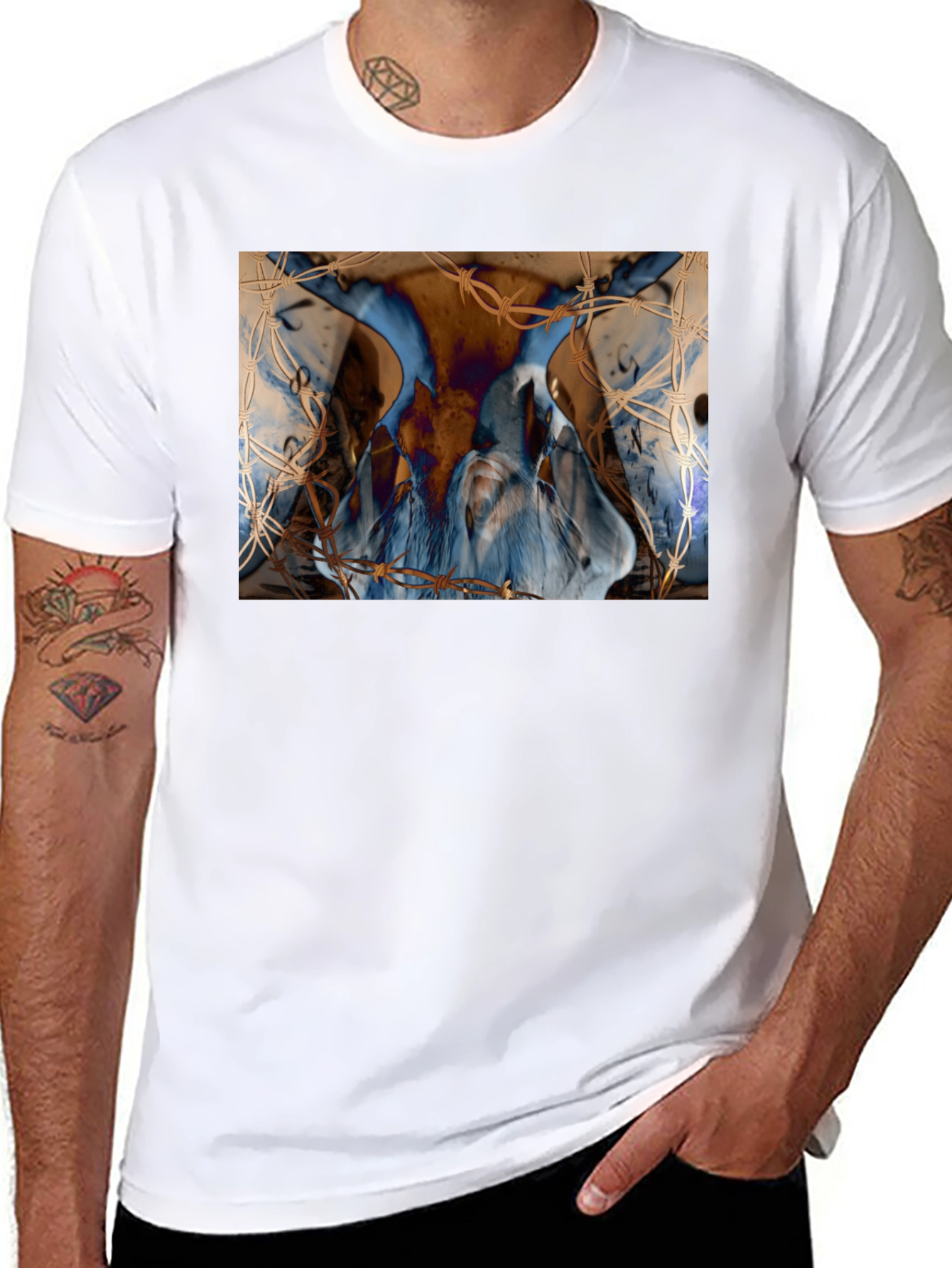 Black Artistic Blue & Brown Barbed Wire Graphic Tee view 8