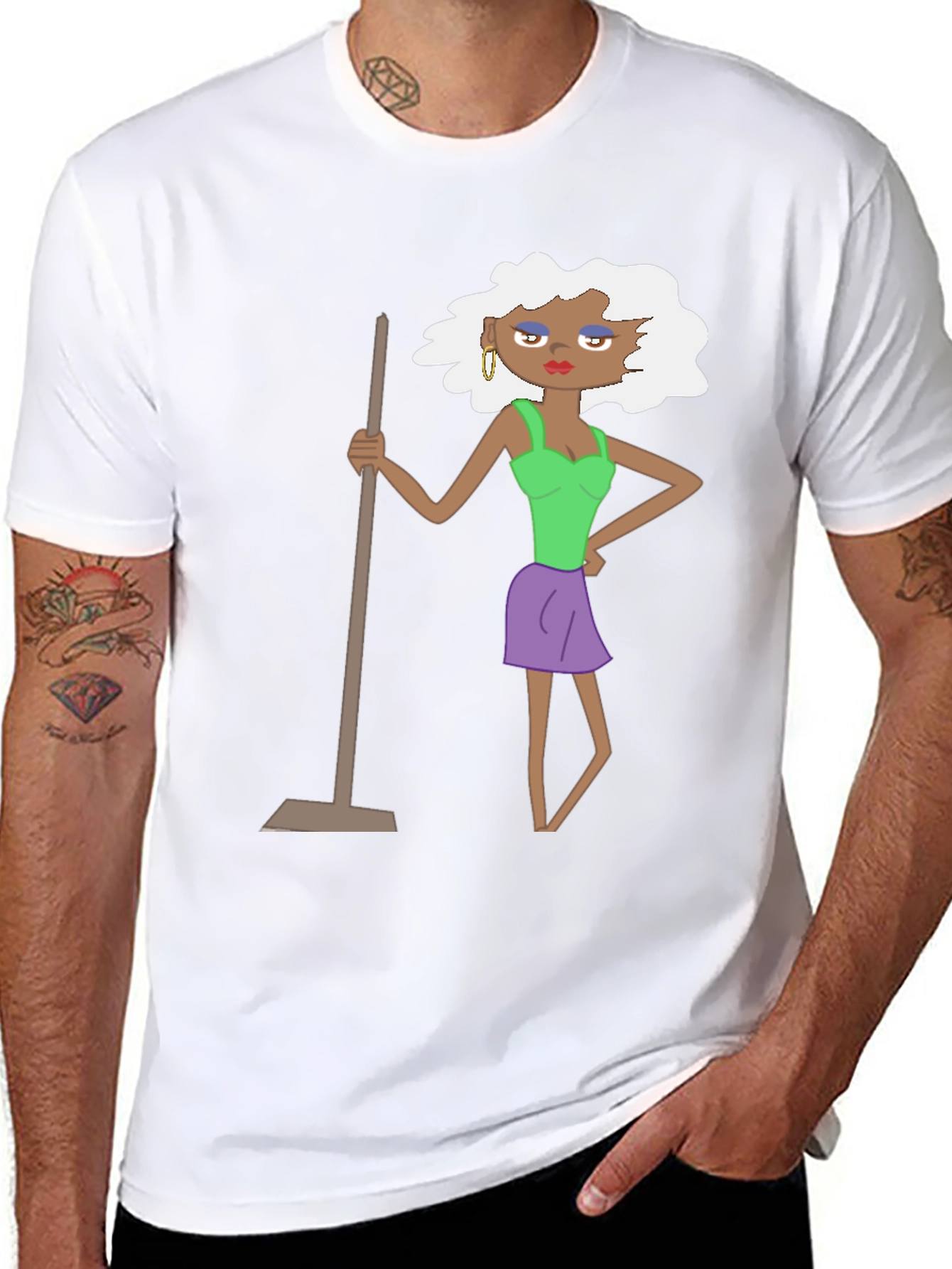 Black Funny Cartoon Woman on Black T-Shirt view 8