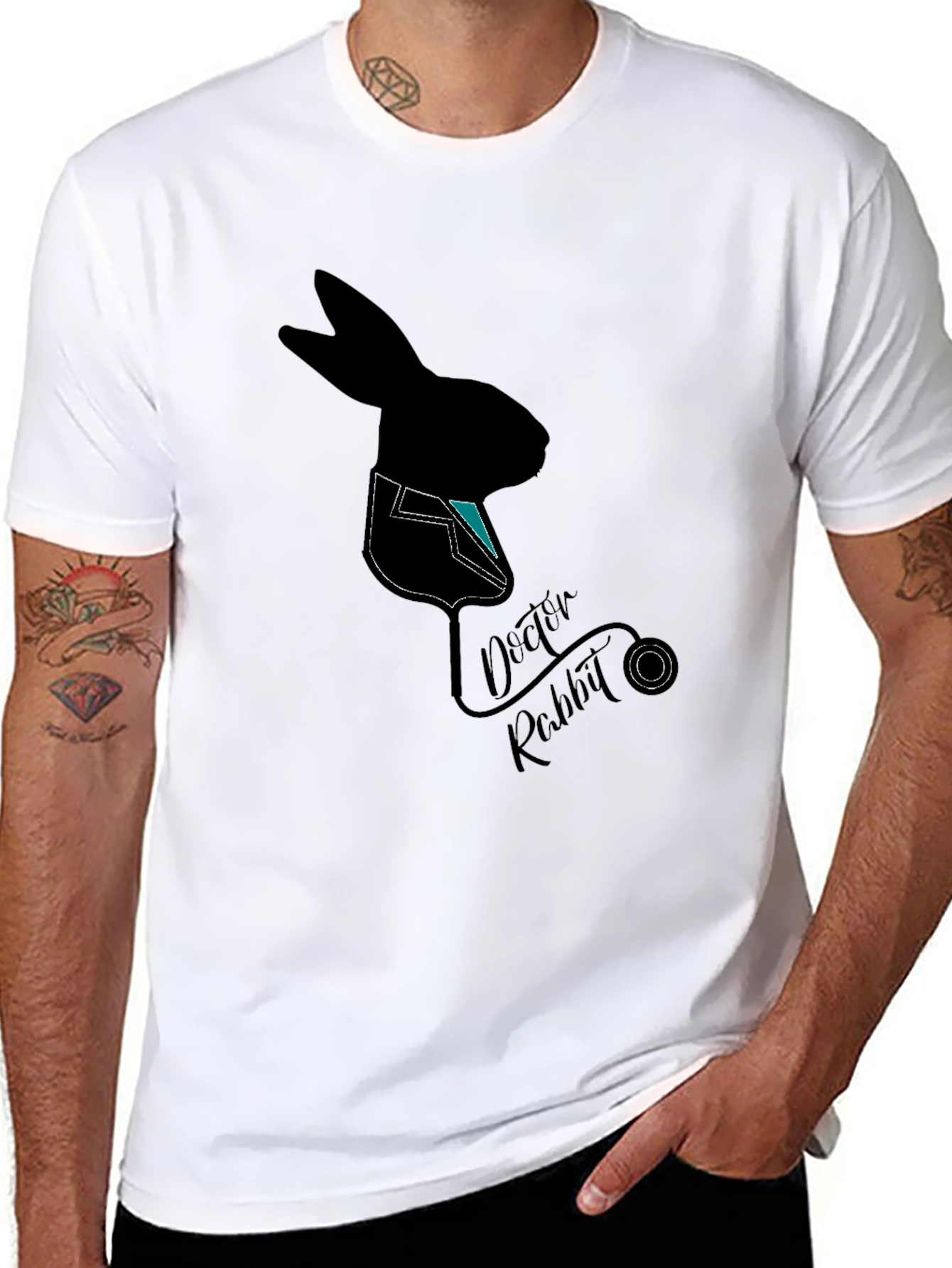 Black Doctor Rabbit Graphic T-Shirt - Black Cotton Tee view 8