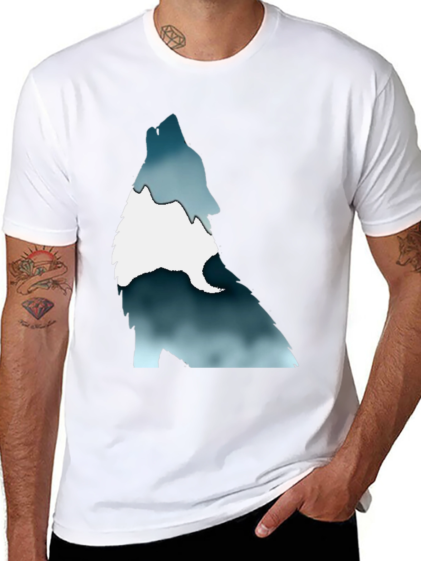 Black Men's Black T-Shirt with Wolf Graphic Print view 8