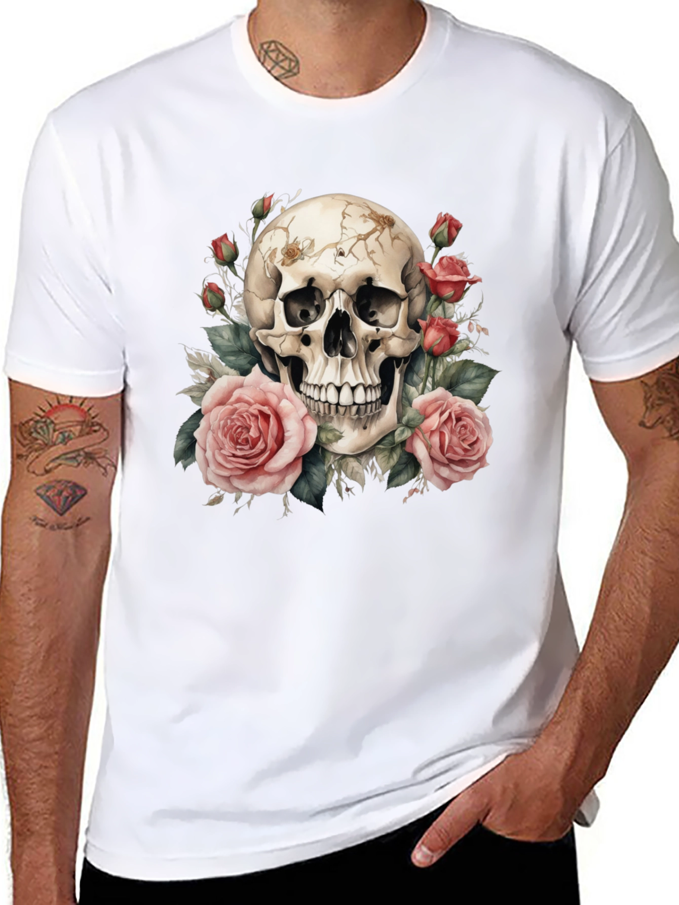 Black Skull & Roses Graphic Tee - Black Cotton T-Shirt view 8