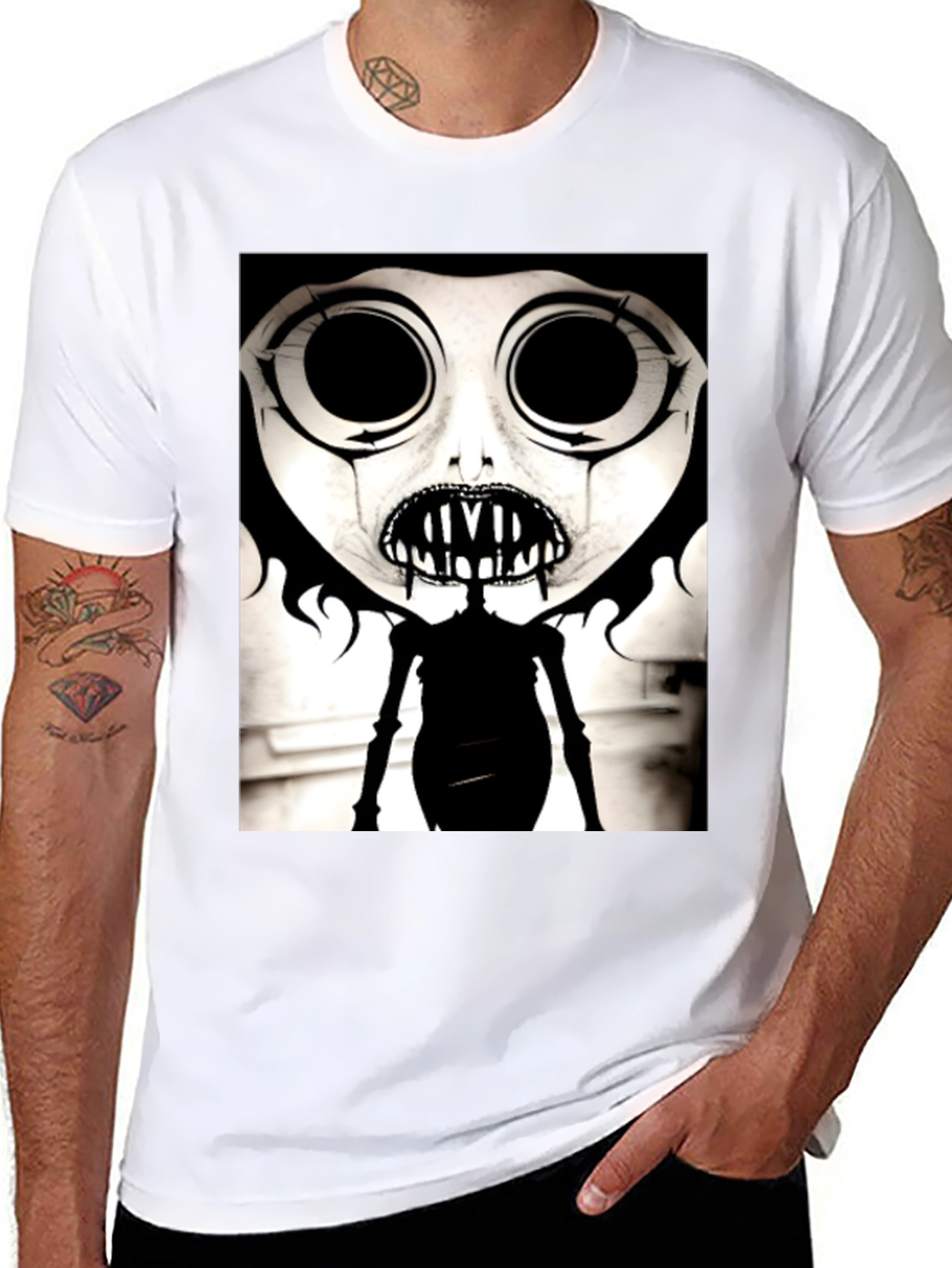 Black Creepy Cartoon Character Graphic Tee - Black view 8