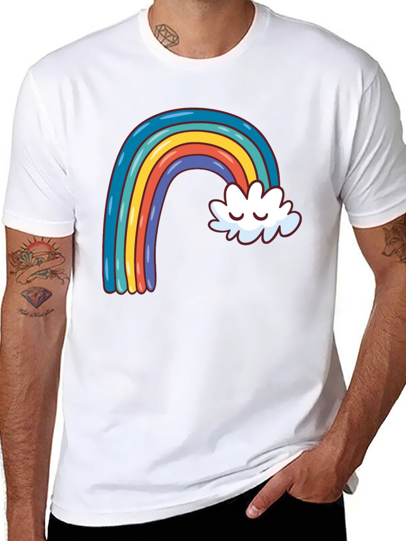 Black Rainbow & Cloud Graphic Tee - Black Cotton Casual Shirt view 8
