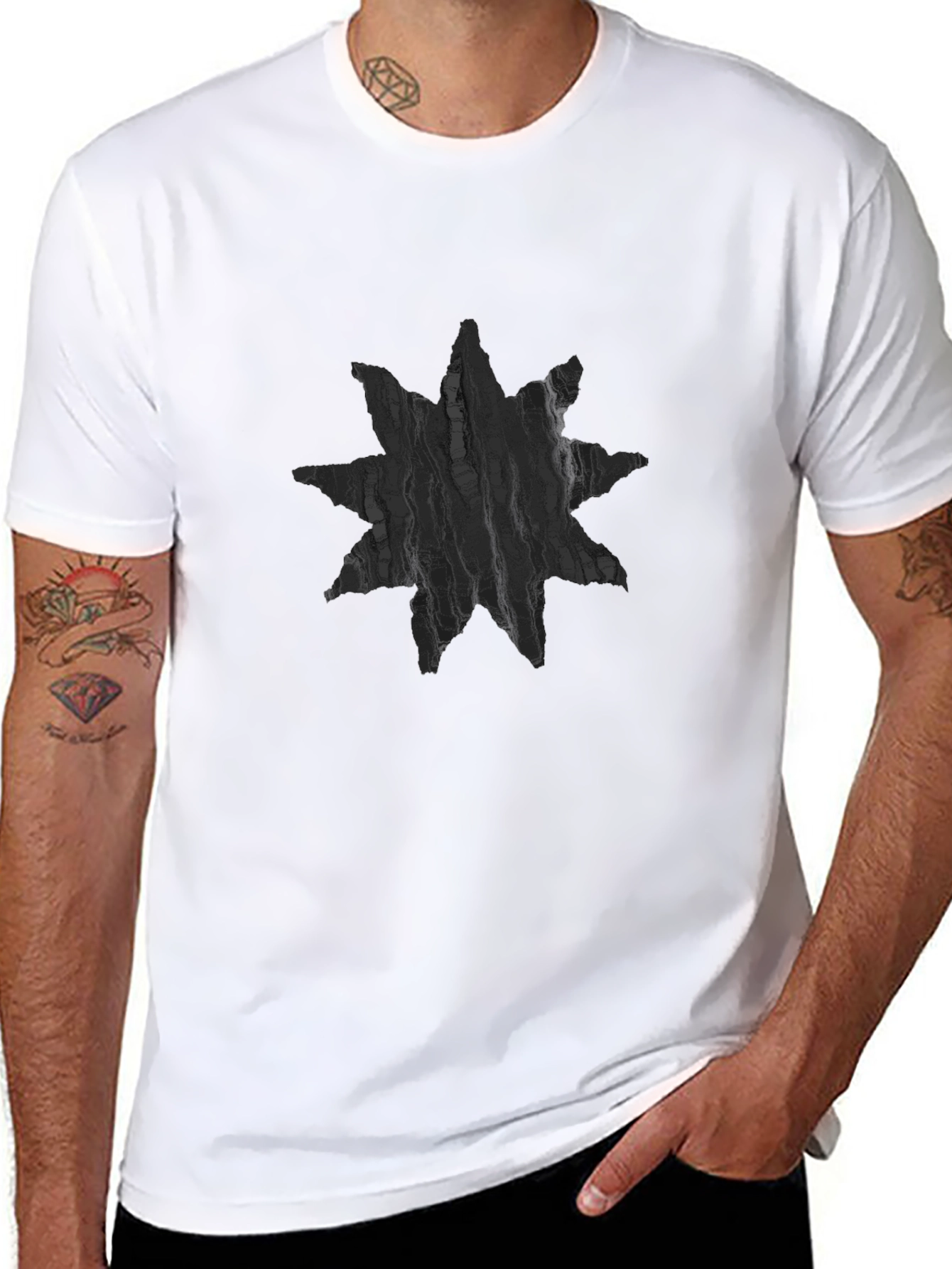 Black Abstract Star Design Men's Black T-Shirt view 8
