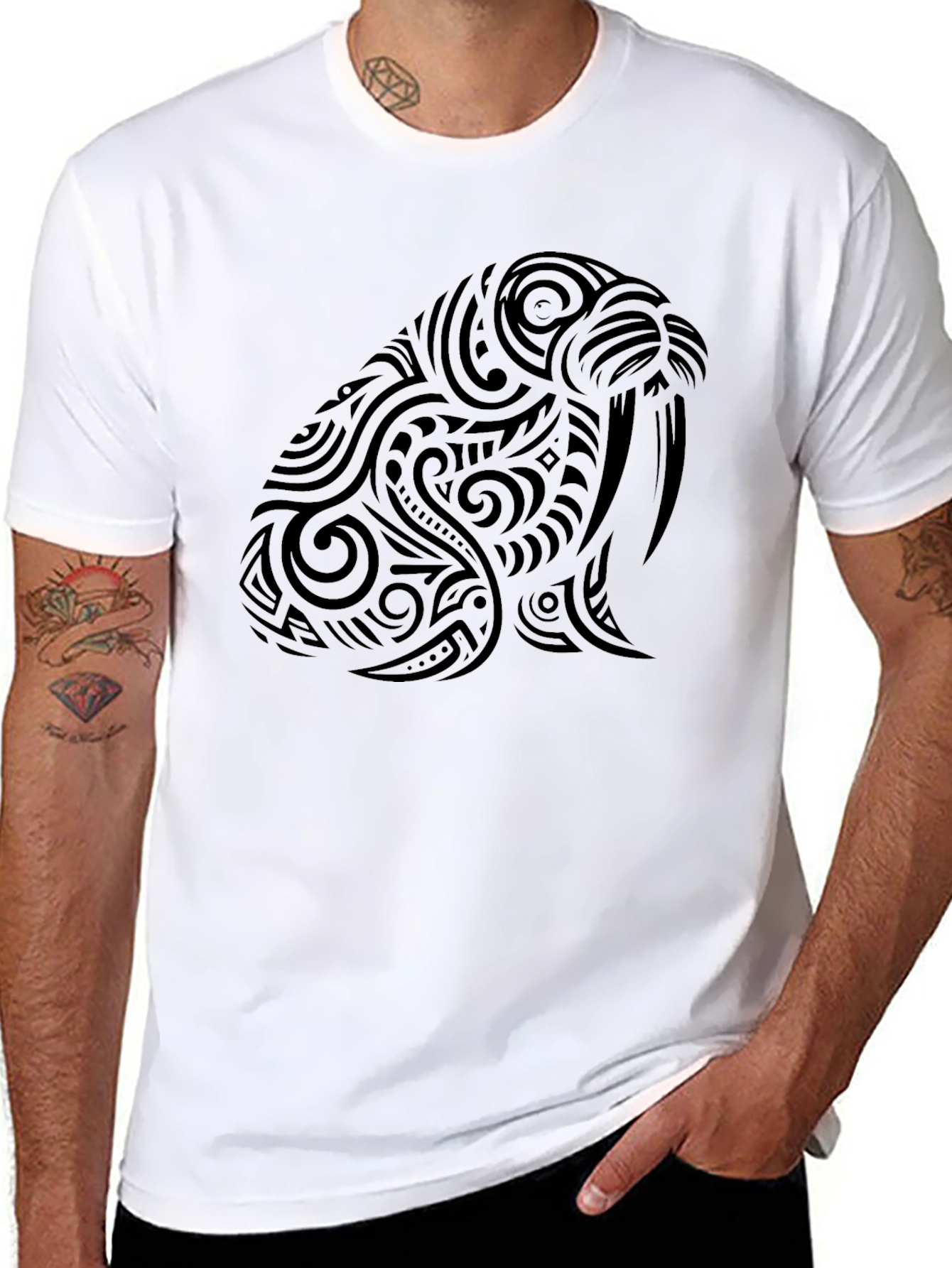 Black Tribal Walrus Graphic Tee - Black Cotton T-Shirt view 8