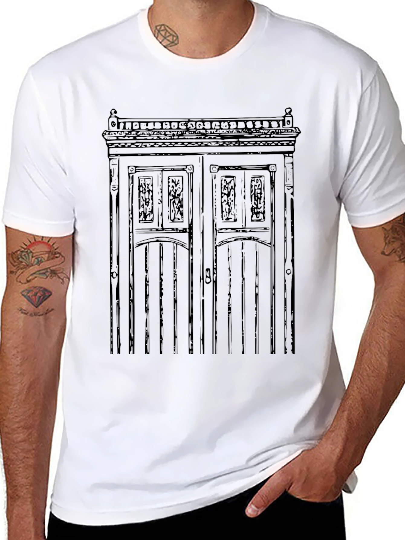 Black Vintage Door Graphic Tee - Black Cotton Blend view 8