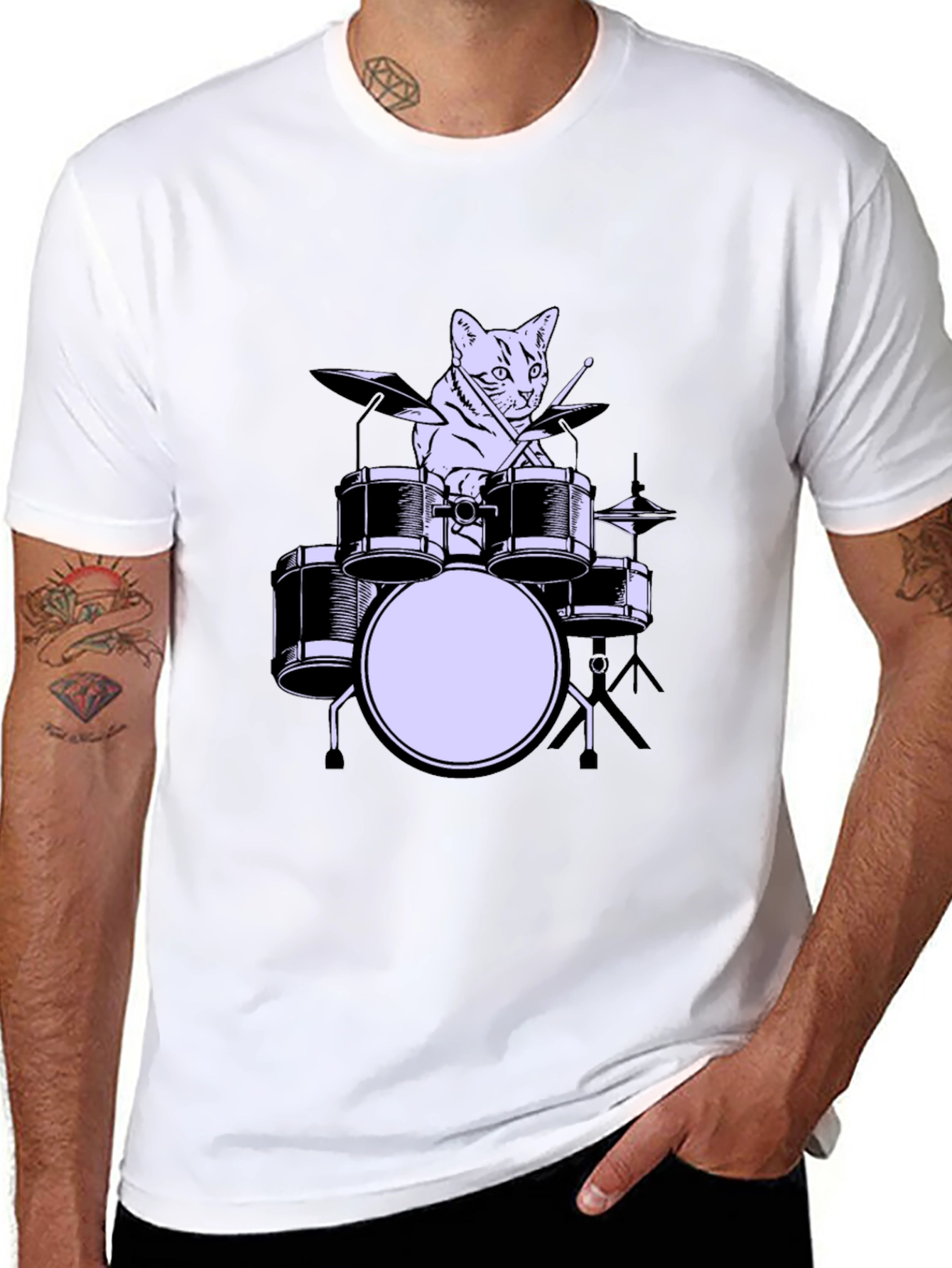 Black Cat Drummer Graphic Tee - Cool Musician Cat Shirt view 8