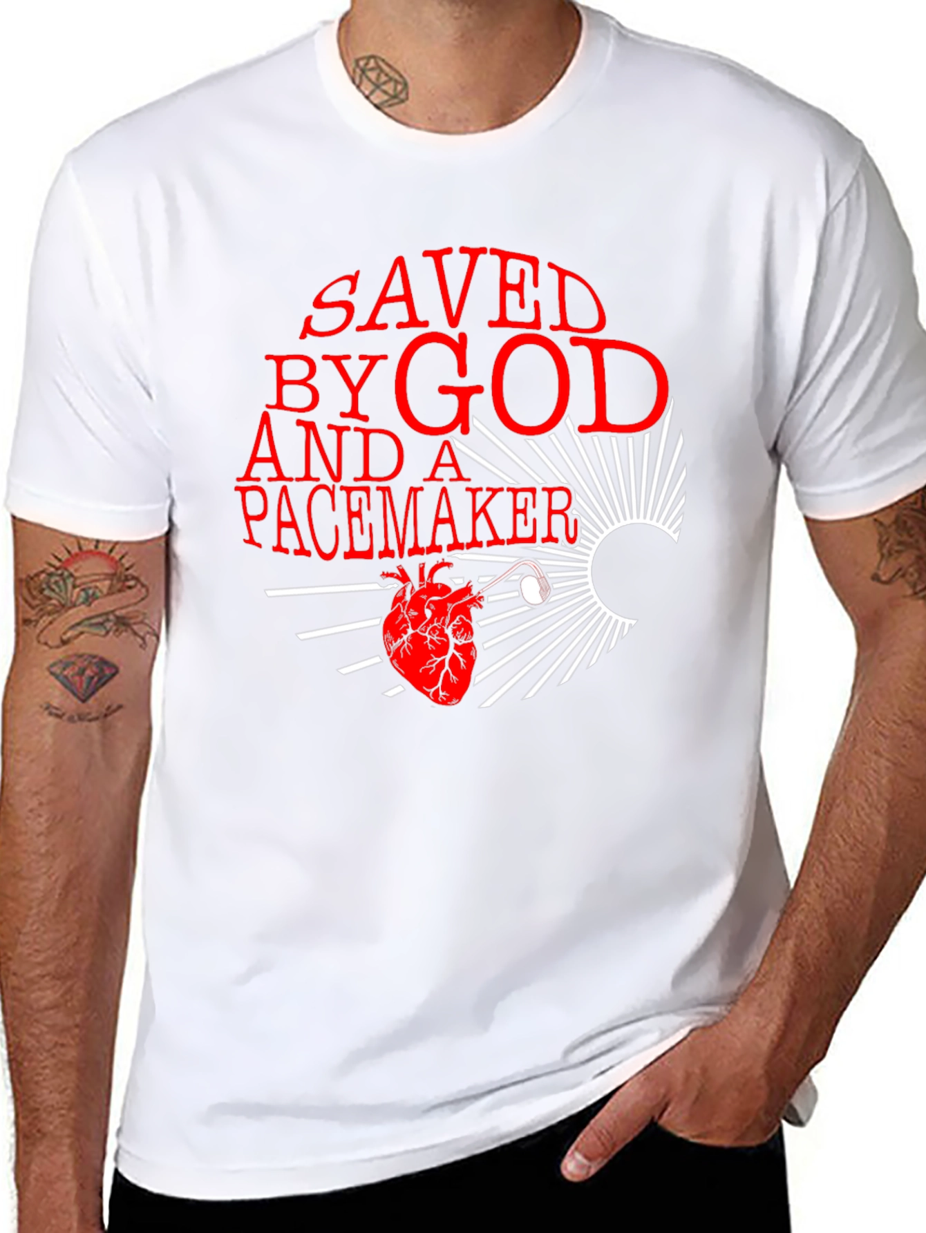 Black Saved By God and a Pacemaker Graphic T-Shirt view 8