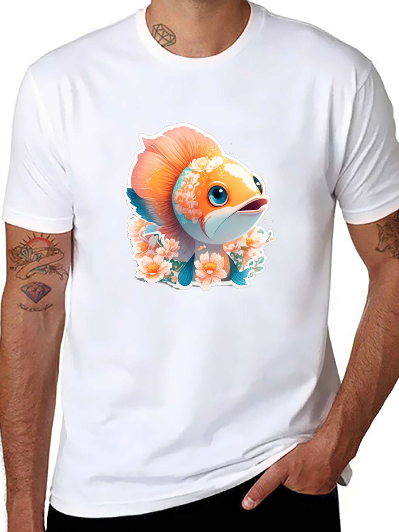 Black Cute Fish Floral Graphic Tee - Unique Design view 8