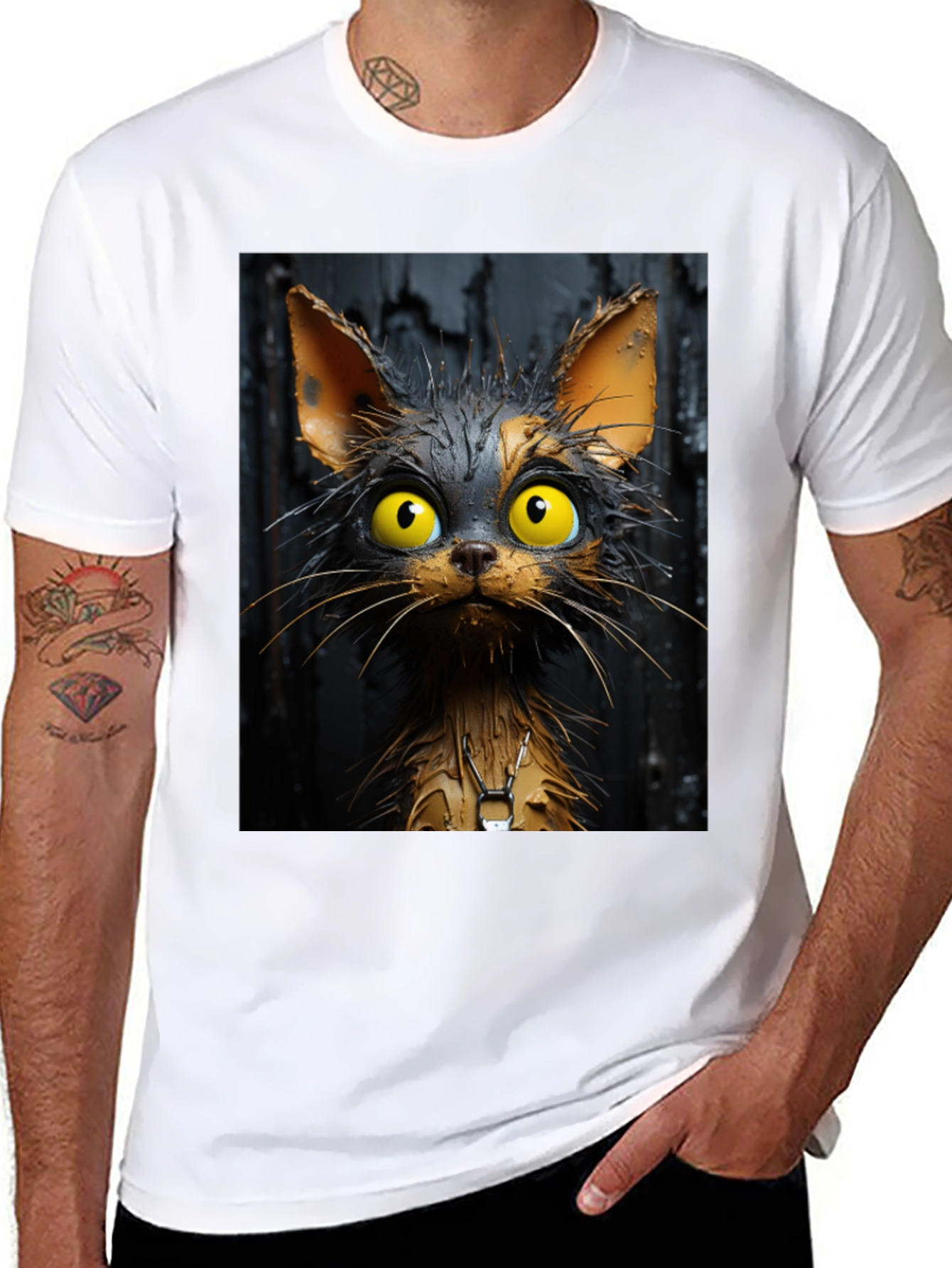 Black Cartoon Cat Graphic Tee - Unisex Black T-Shirt view 8