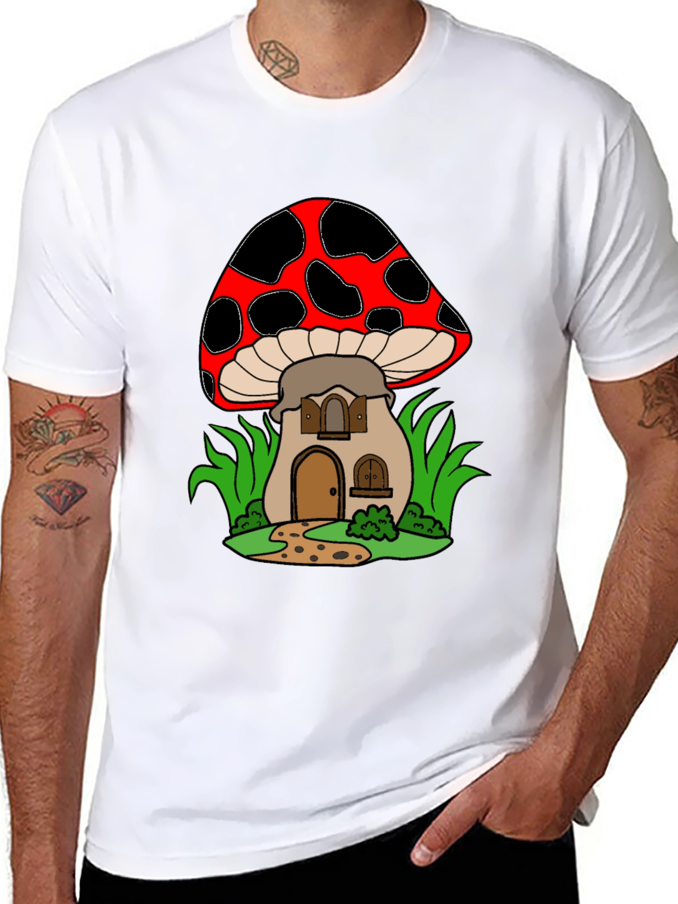 Black Mushroom House Graphic Tee - Quirky Black T-Shirt view 8