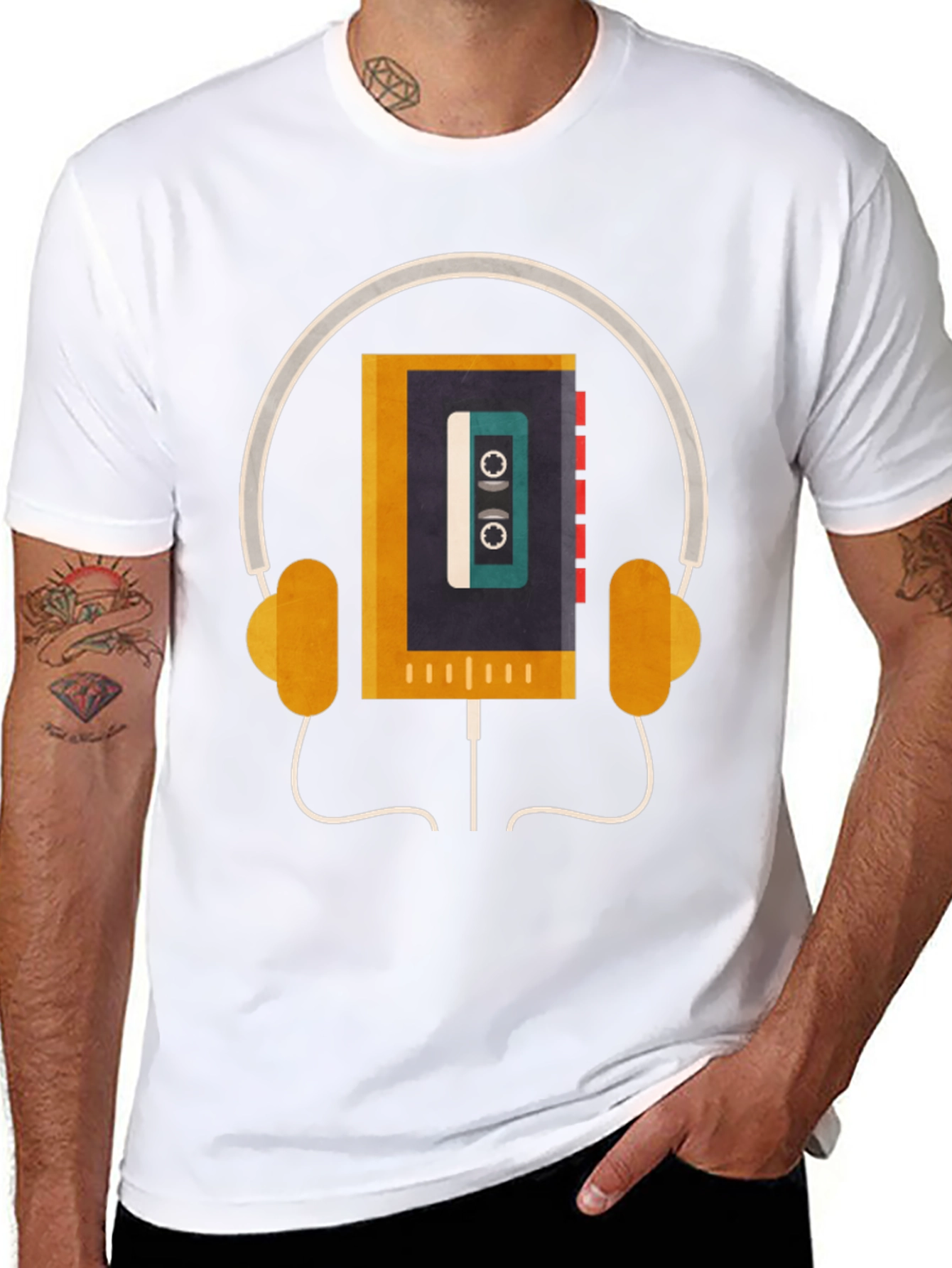 Black Retro Cassette Player Headphones Graphic Tee view 8