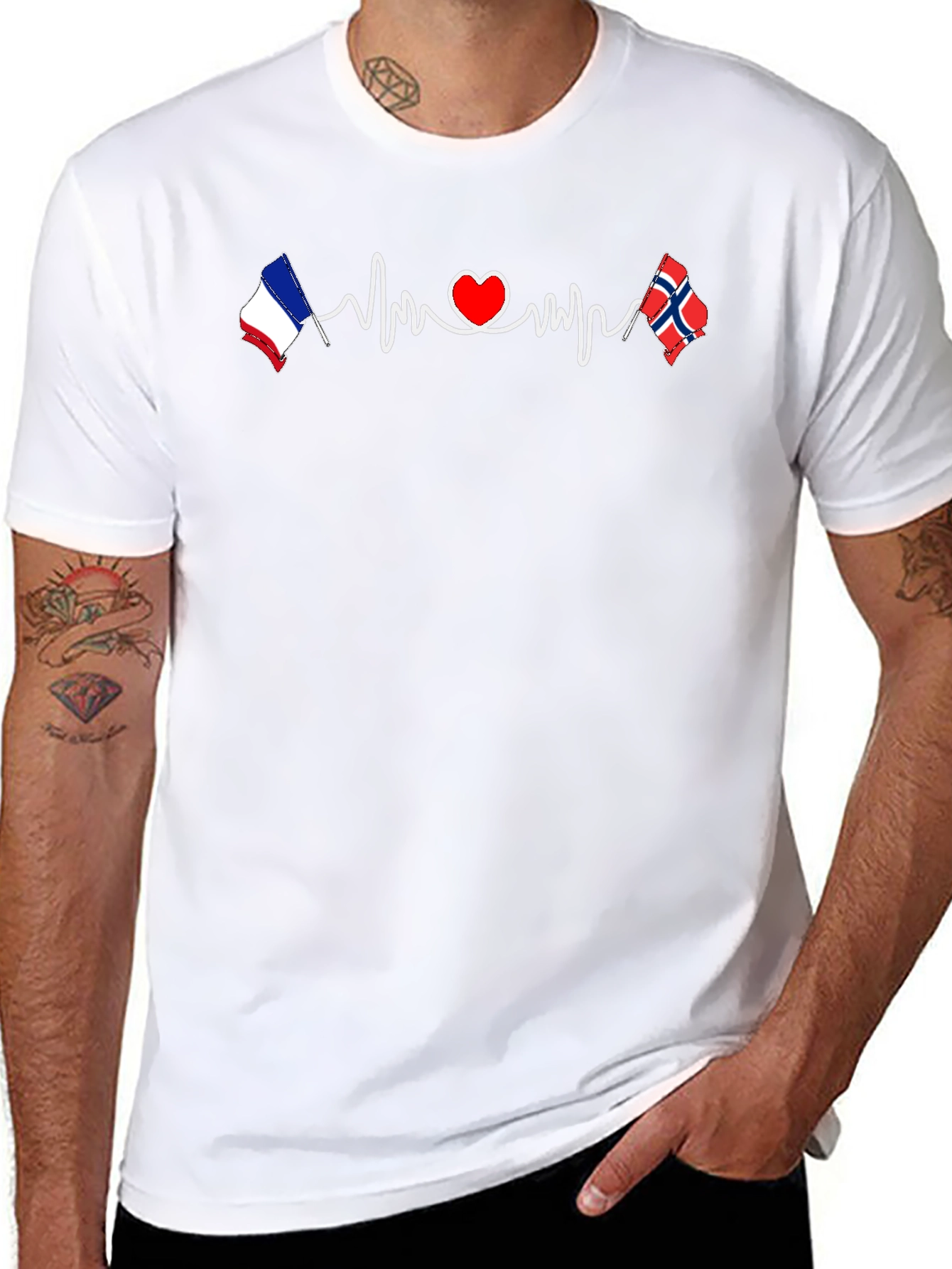 France Norway Love Heartbeat T-Shirt - 8