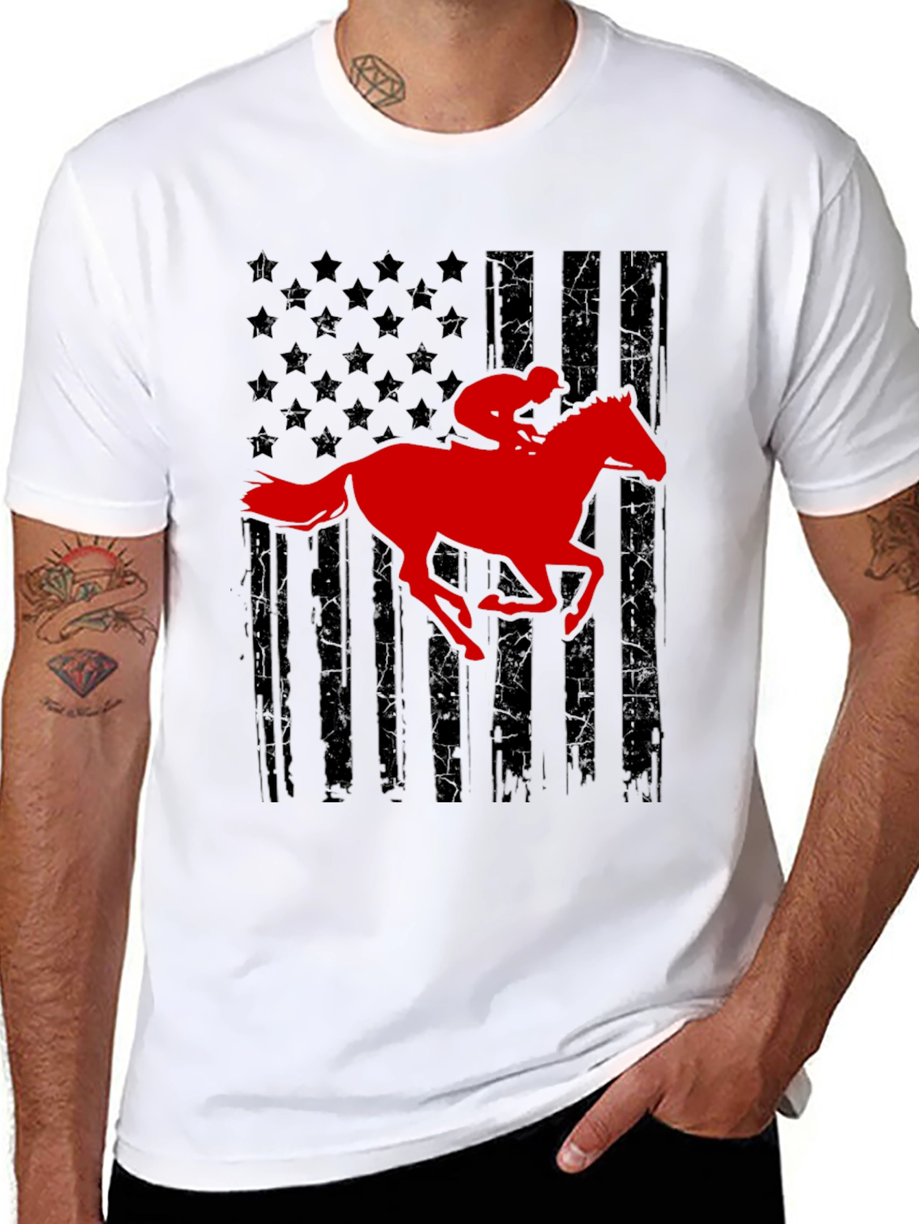 Black American Flag Horse Racing T-Shirt view 8