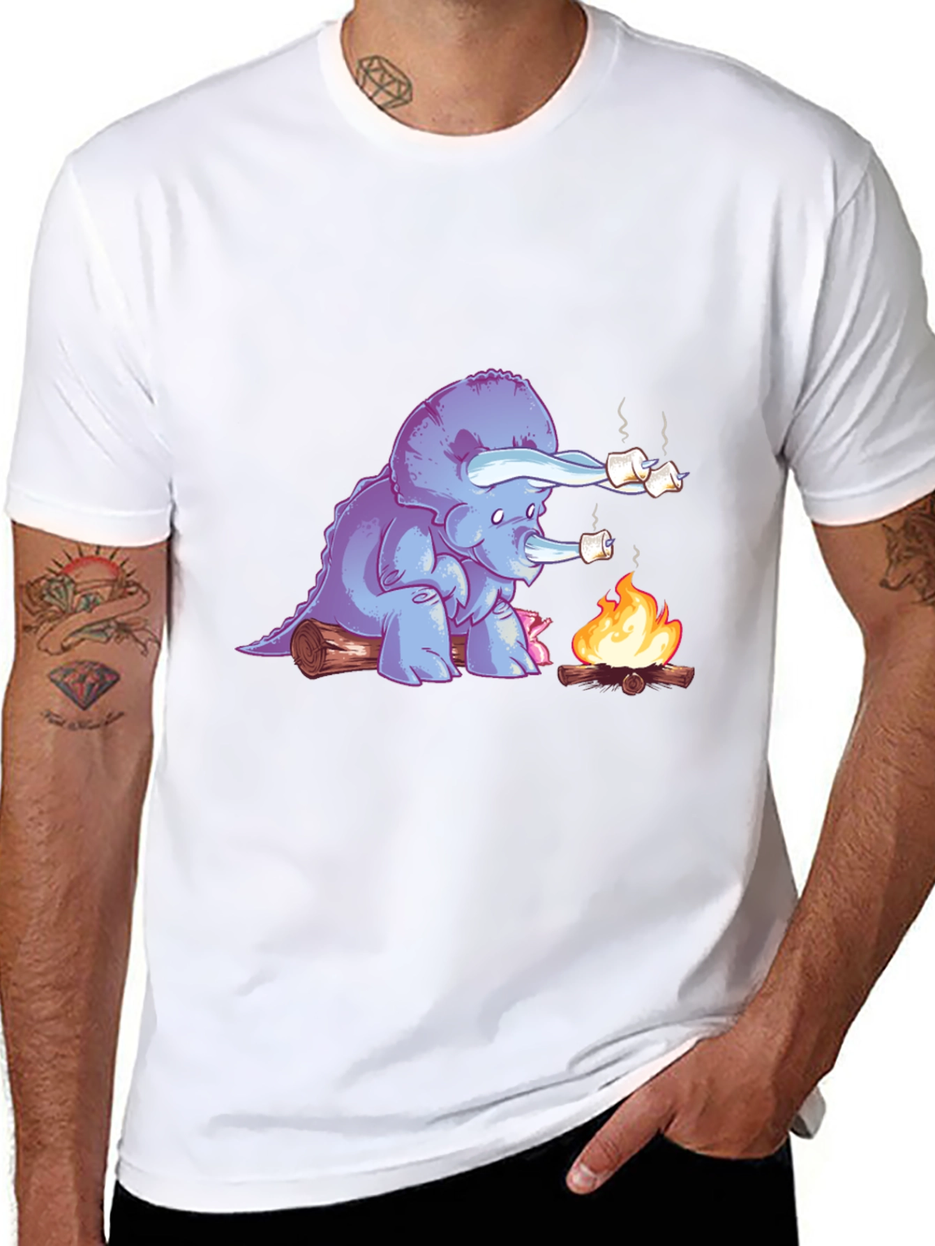 Black Dino Campfire T-Shirt - Marshmallow Roasting Triceratops  view 8