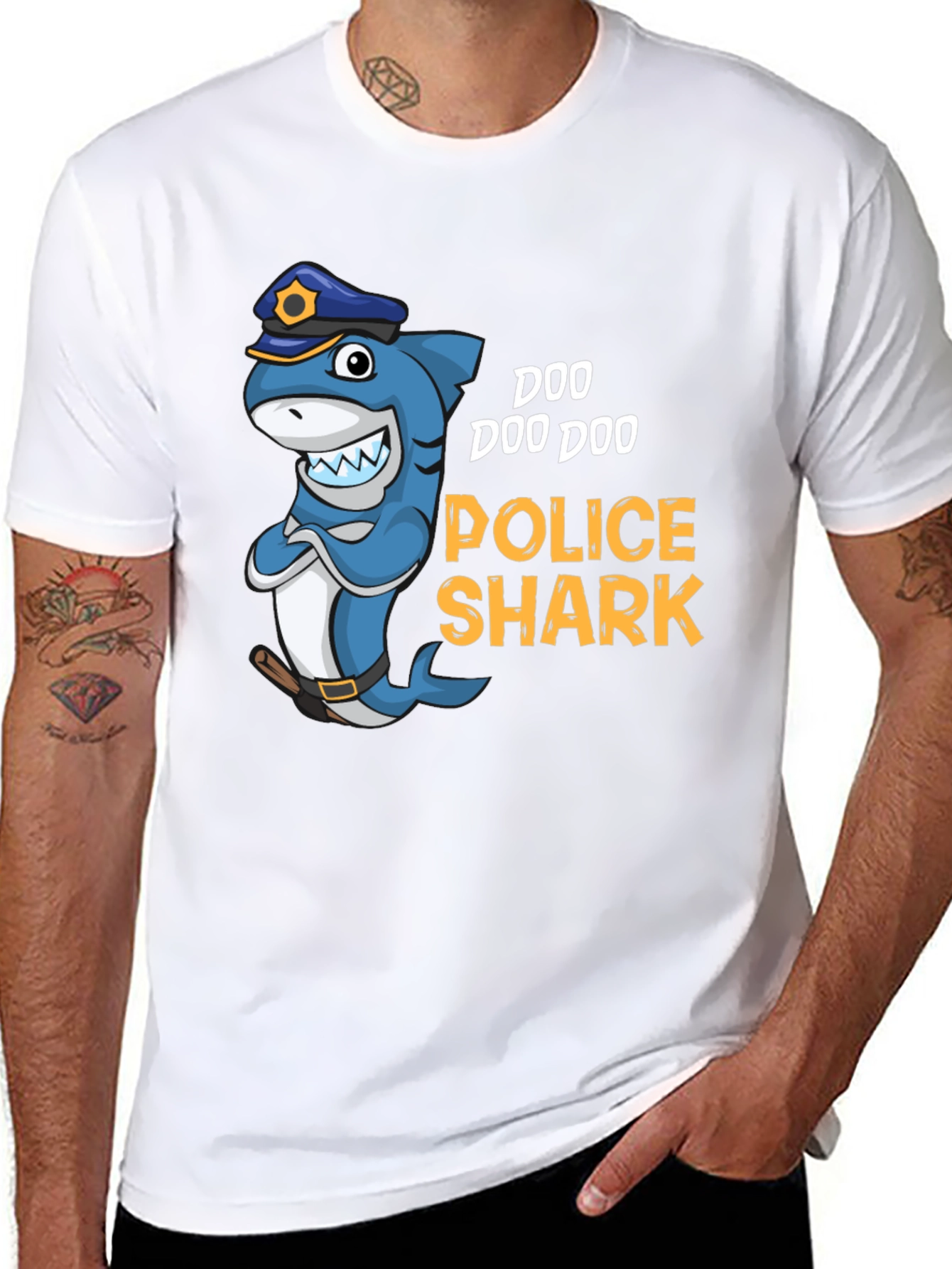 Black Doo Doo Doo Police Shark Graphic Tee view 8
