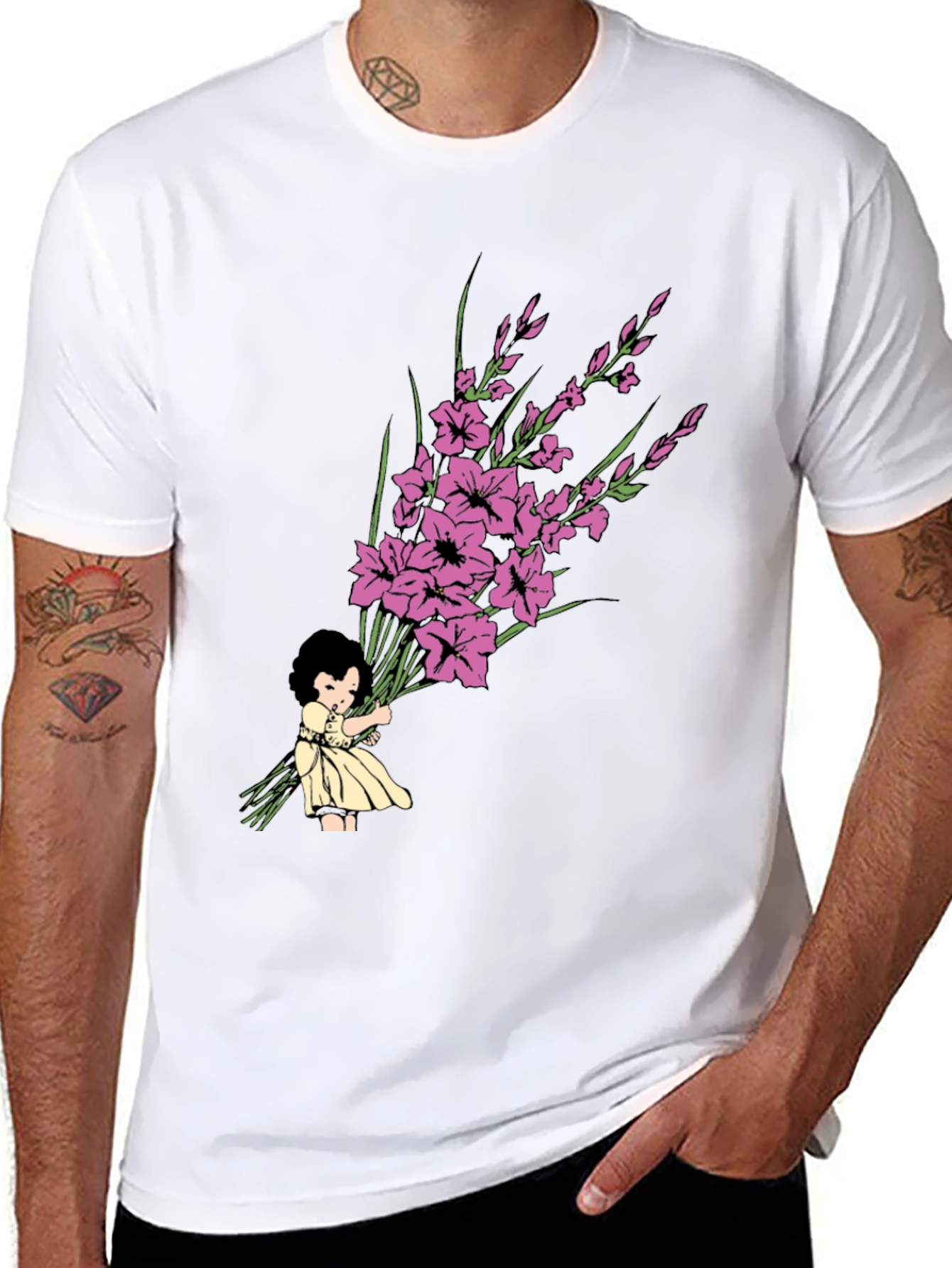 Girl Holding Flower Bouquet Graphic Tee - 8
