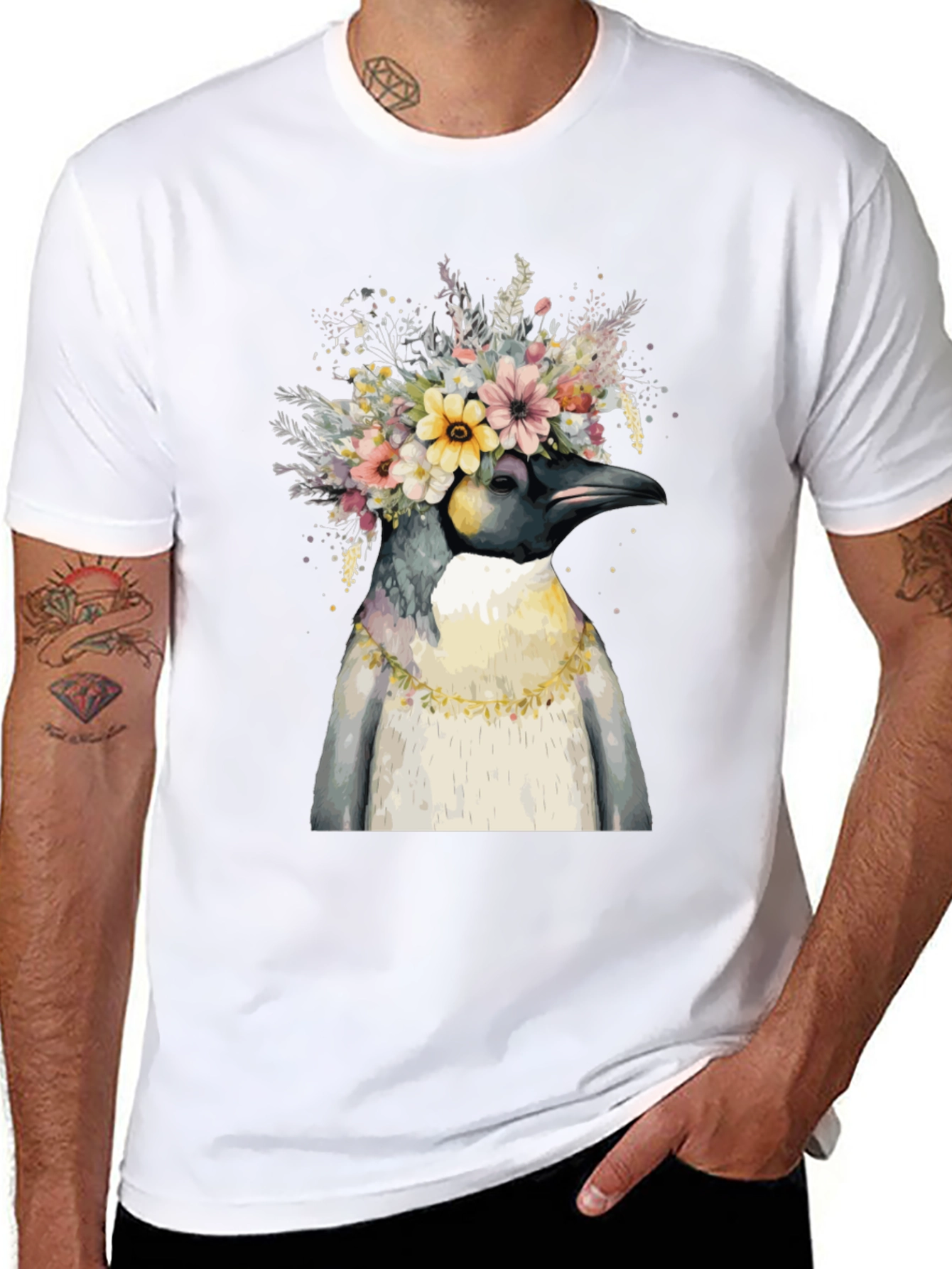 Black Penguin Floral Crown Black T-Shirt view 8