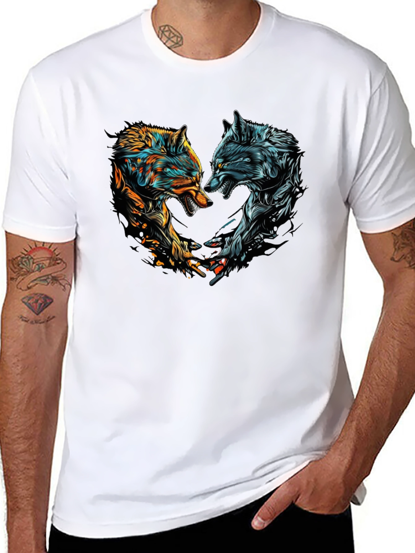 Black Two Wolves Graphic Print Black T-Shirt view 8