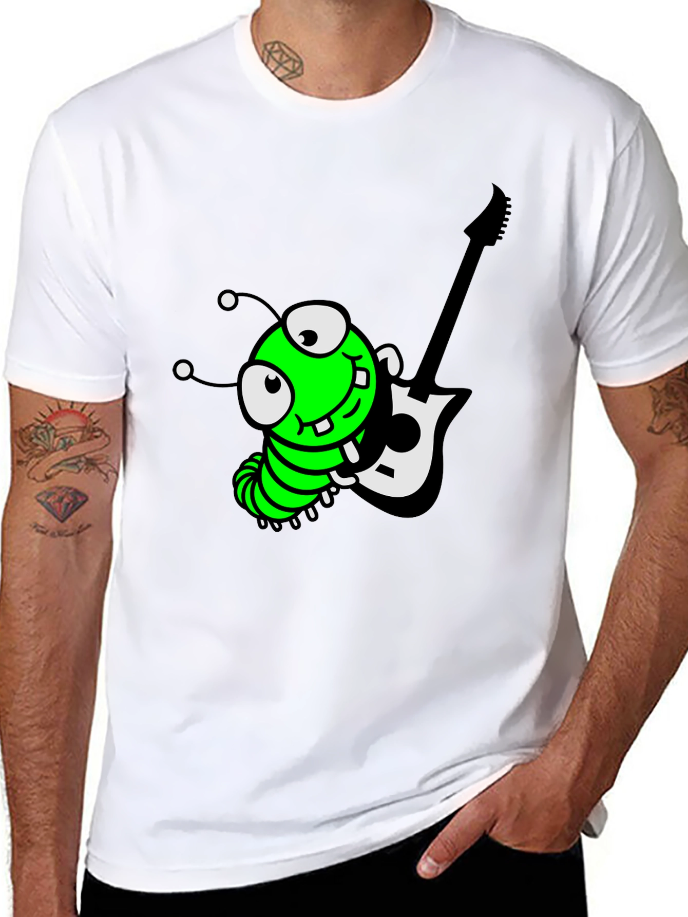 Black Cartoon Caterpillar Guitarist Graphic Tee view 8