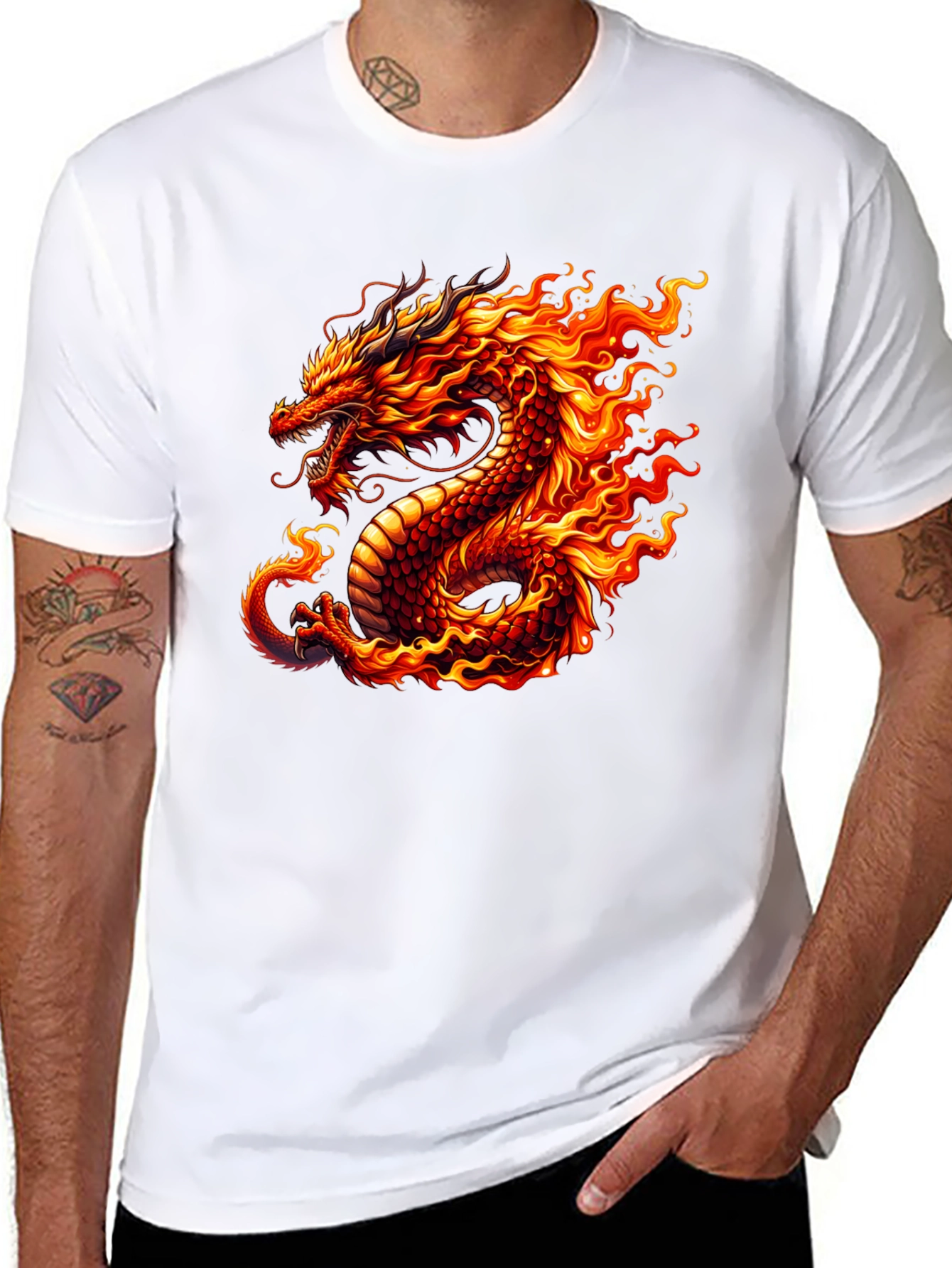 Fiery Dragon Graphic Tee - Black Cotton T-Shirt - 8