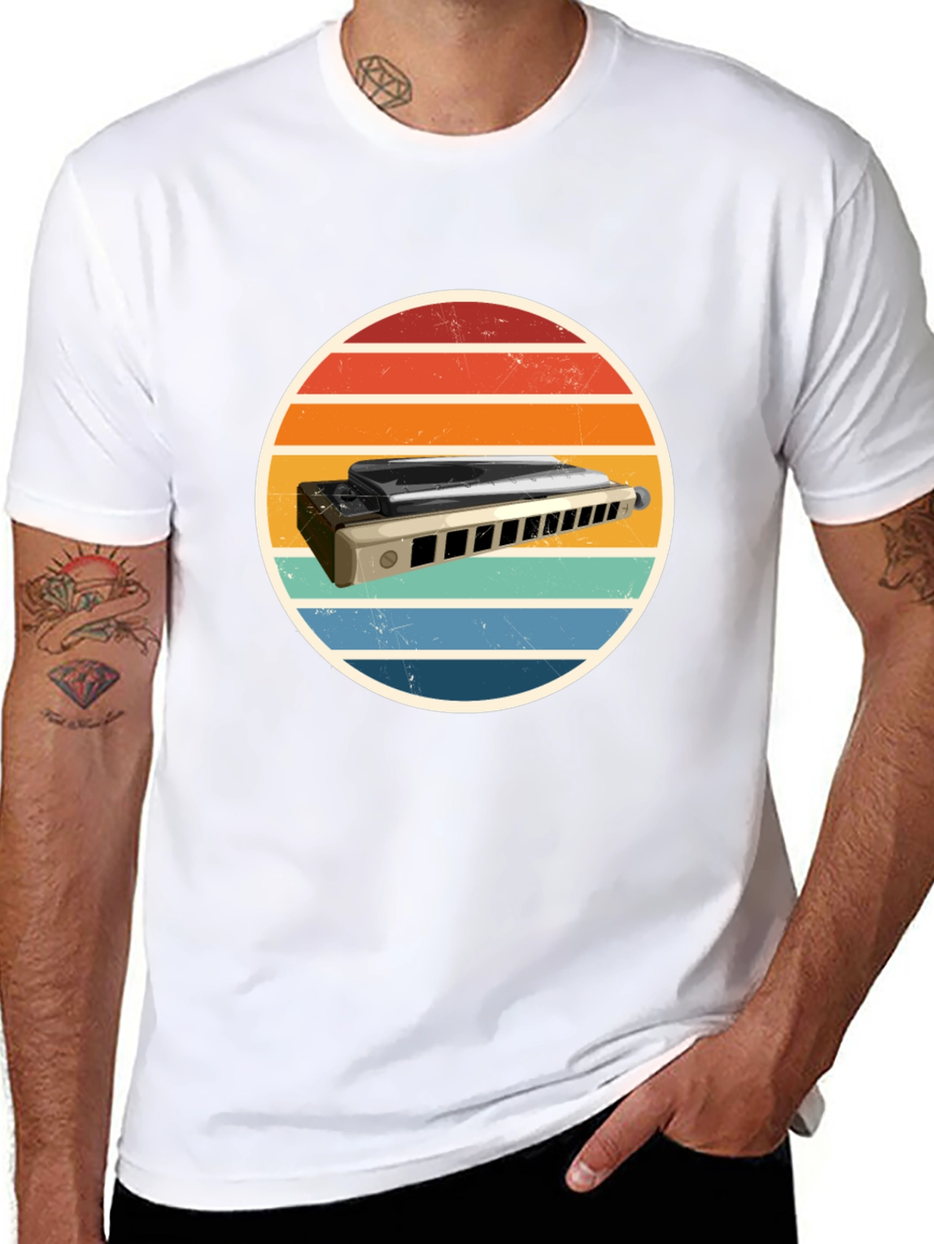 Black Retro Harmonica T-Shirt - Vintage Music Tee view 8