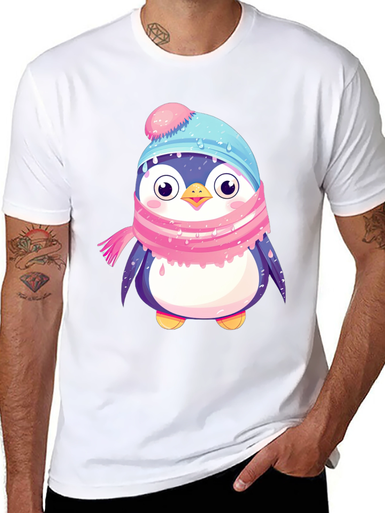Black Cute Penguin Winter Hat Scarf T-Shirt view 8