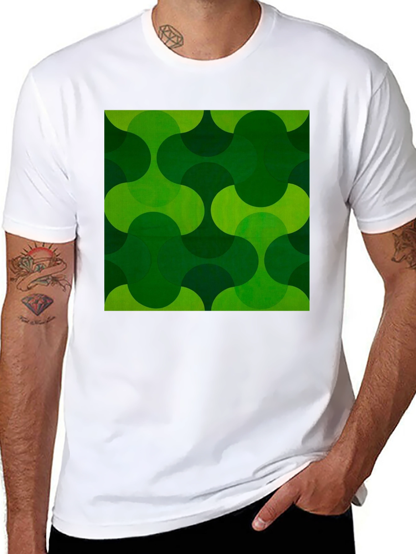 Black Retro Green Geometric Print Black T-Shirt view 8