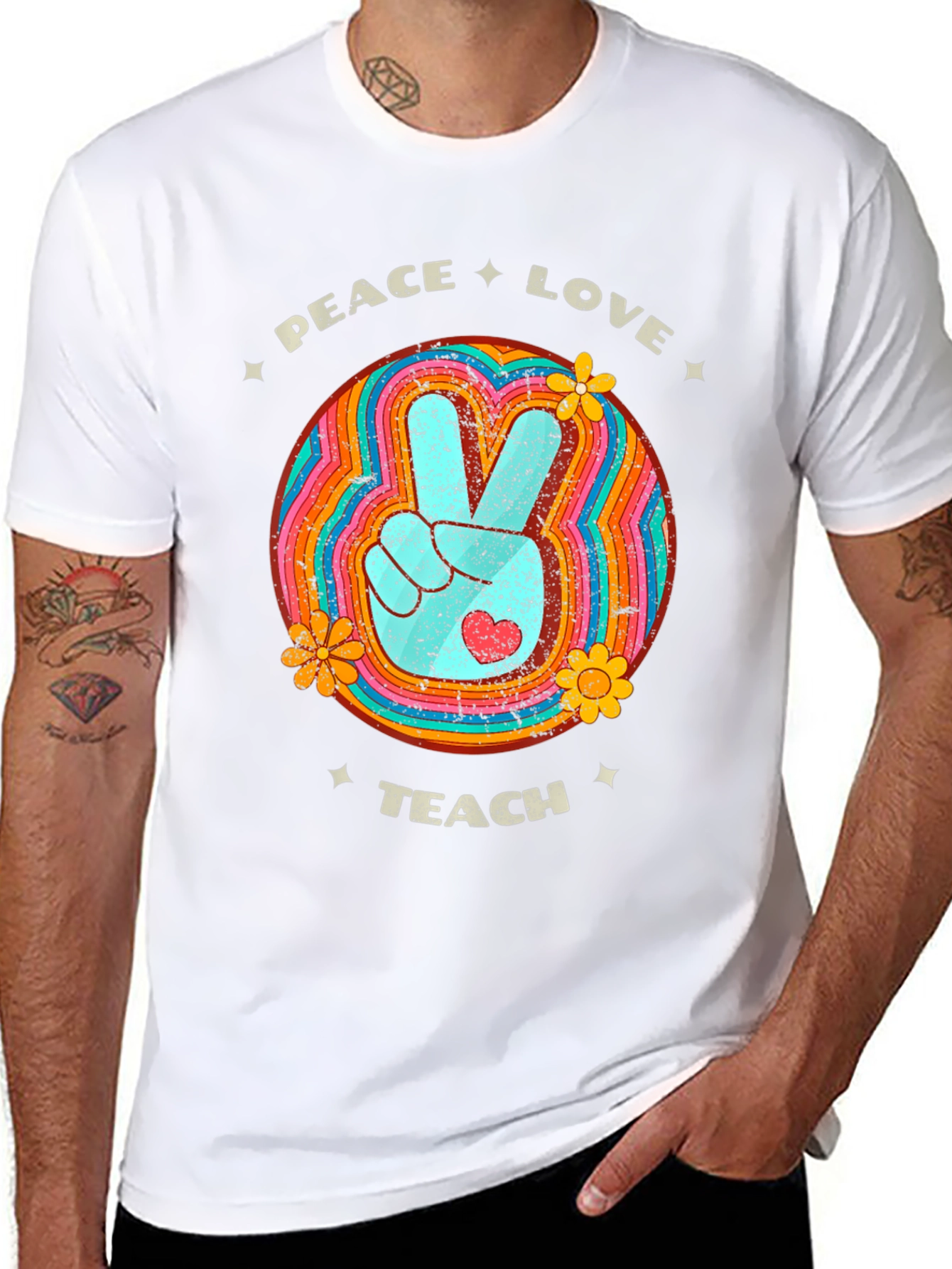 Black Peace Love Teach Retro T-Shirt view 8